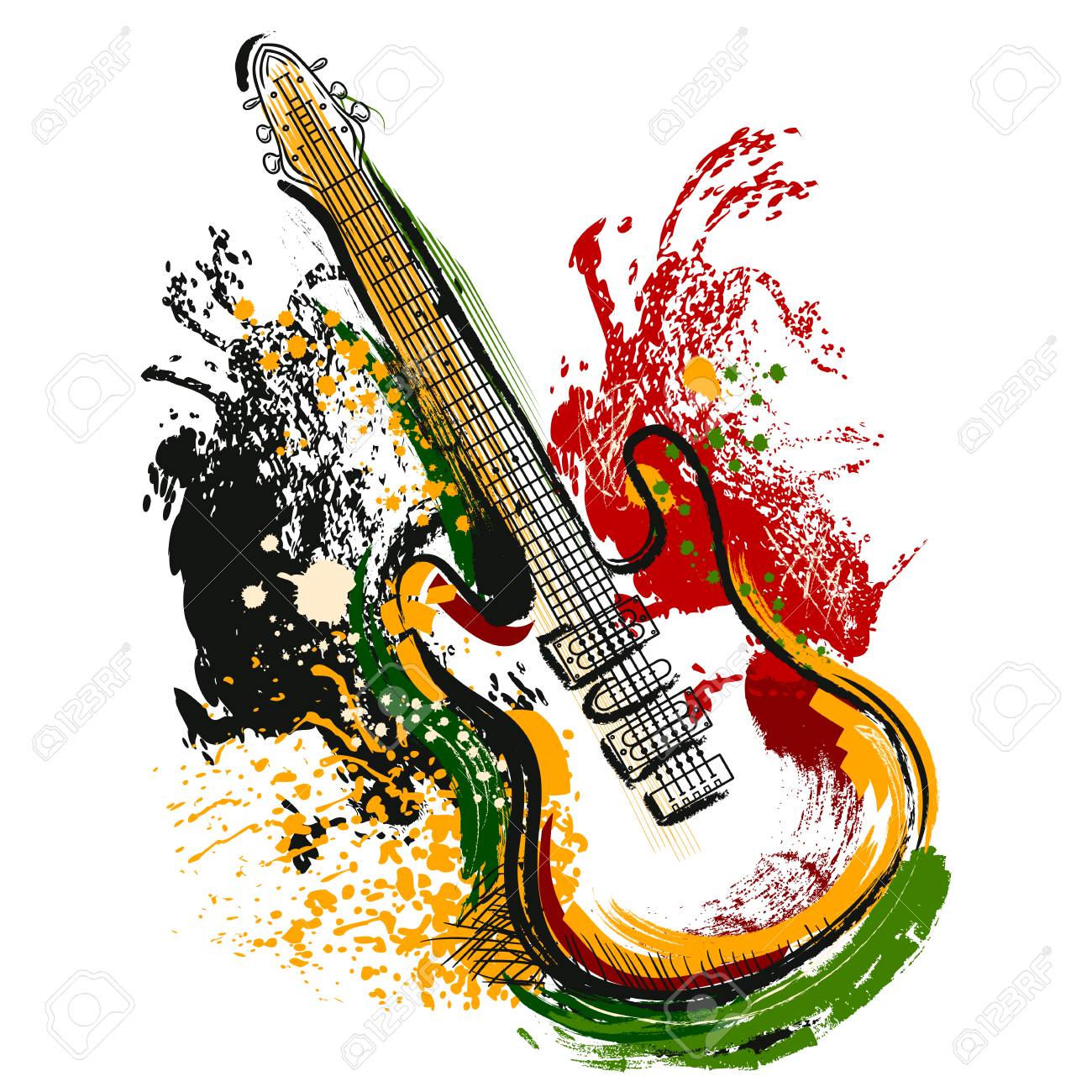 Guitare Electrique Hand Drawn Art De Style Grunge Banner Retro Carte T Shirt Sac Impression Poster Vintage Main Coloree Dessinee Illustration Vectorielle Clip Art Libres De Droits Vecteurs Et Illustration Image