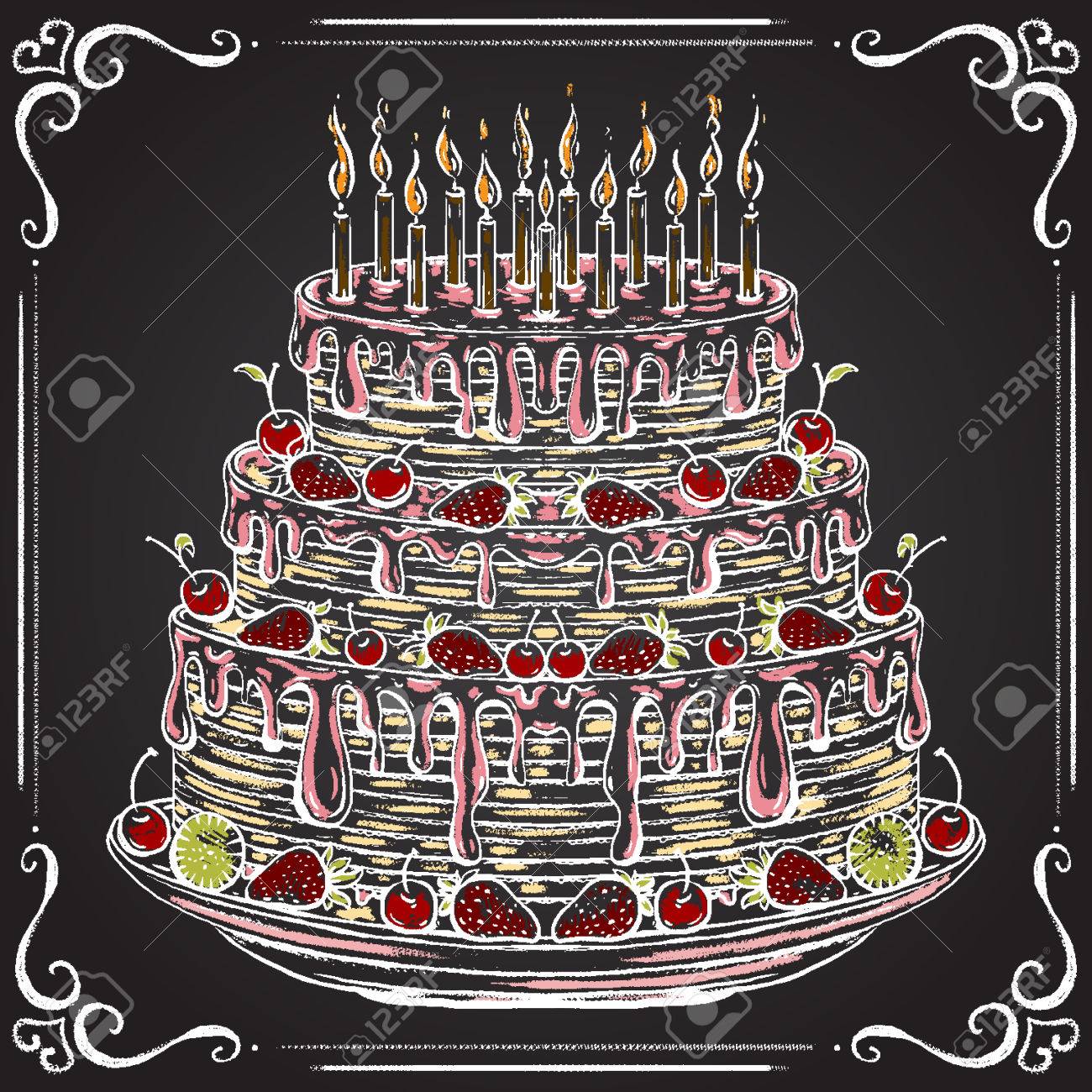 Gateau D Anniversaire Au Tableau Vintage Poster Dans La Main Dessinee Style De Croquis Craie Elements Isoles Retro Illustration Vectorielle Clip Art Libres De Droits Vecteurs Et Illustration Image