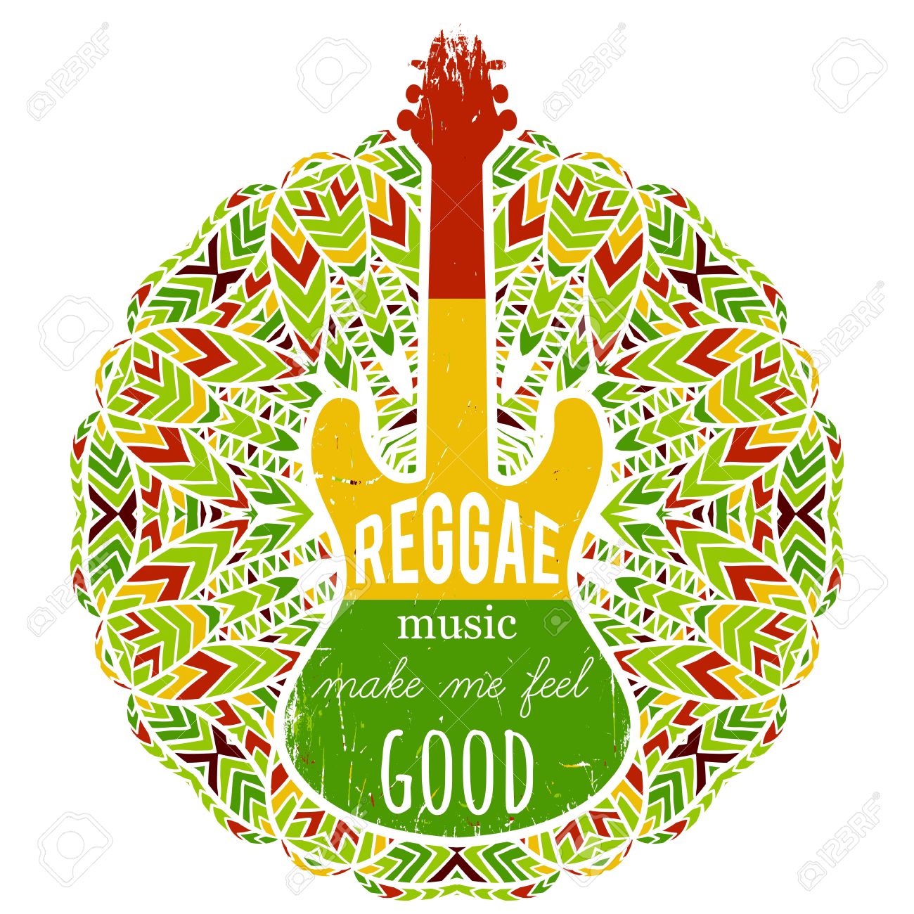Typography Poster With Guitar On Ornate Mandala Background. Reggae Music  Make Me Feel Good. Jamaica Theme. Design Concept In Reggae Colors For  Banner, Card, T-shirt, Print, Poster. Vector Illustration Royalty Free SVG,