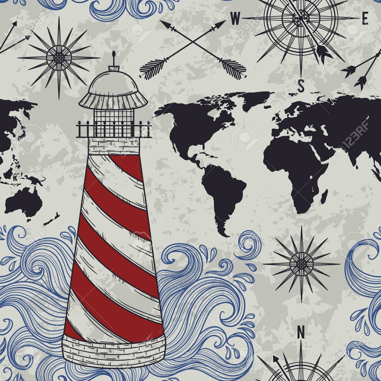 灯台と波 コンパス 世界地図 ウィンド ローズとのシームレスなパターン スケッチ スタイルのヴィンテージ手描きベクトル図 のイラスト素材 ベクタ Image