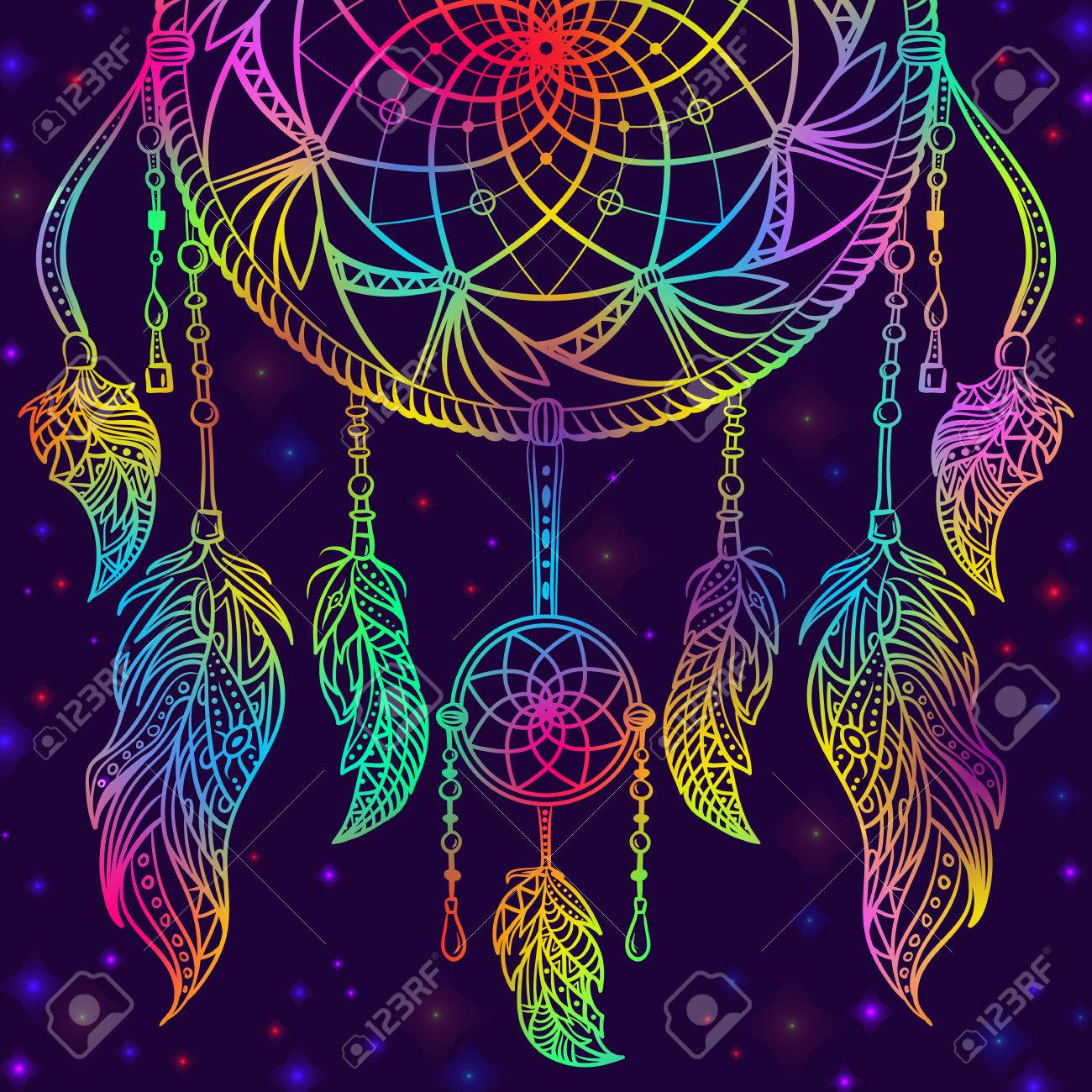 Colorful Dream Catcher With Ornament And Night Sky With Stars - Colorful Dream Catcher With Ornament And Night Sky With Stars
