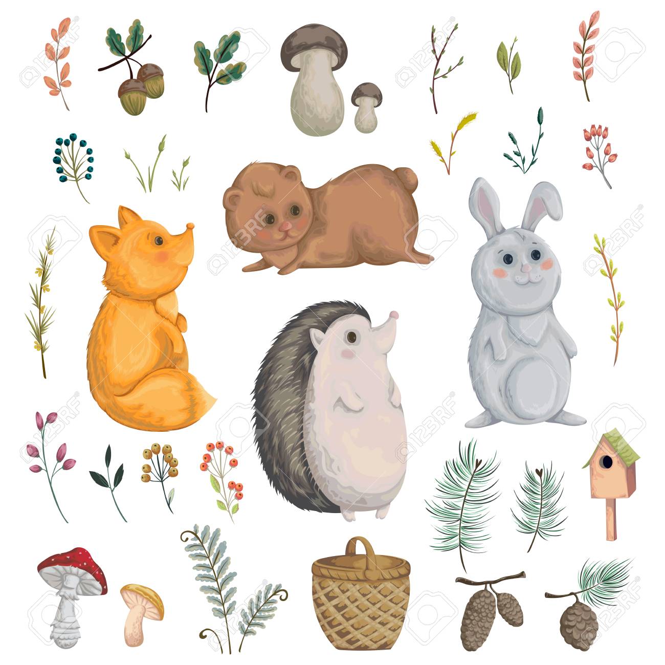 Collection of forest animals, mushroom, plant, berry, cones. Decorative elements in watercolor style for greeting card, invitation, baby shower party. Cartoon characters. Vector illustration. - 85327660 Collection of forest animals, mushroom, plant, berry, cones. Decorative elements in watercolor style for greeting card, invitation, baby shower party. Cartoon characters. Vector illustration. - 85327660