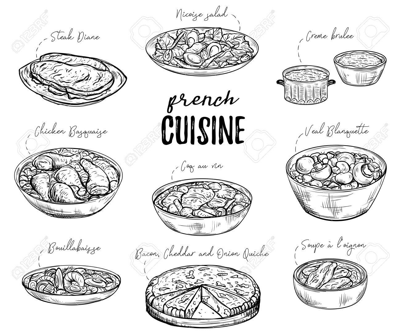 フランス料理を おいしい食べ物のコレクションです 孤立した要素 コンセプト デザインの装飾のレストラン メニュー ヴィンテージ手描きのベクトル図 の イラスト素材 ベクタ Image フランス料理を おいしい食べ物のコレクションです 孤立した要素 コンセプト デザインの装飾のレストラン メニュー ヴィンテージ手描きのベクトル図 の イラスト素材 ベクタ Image