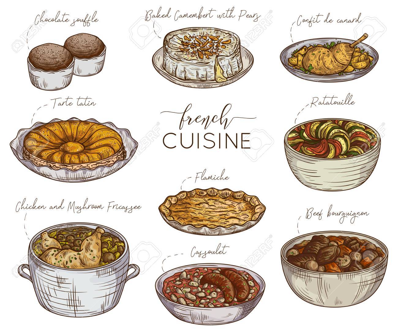 フランス料理を おいしい食べ物のコレクションです 孤立した要素 コンセプト デザインの装飾のレストラン メニュー ヴィンテージ手描きのベクトル図 の イラスト素材 ベクタ Image
