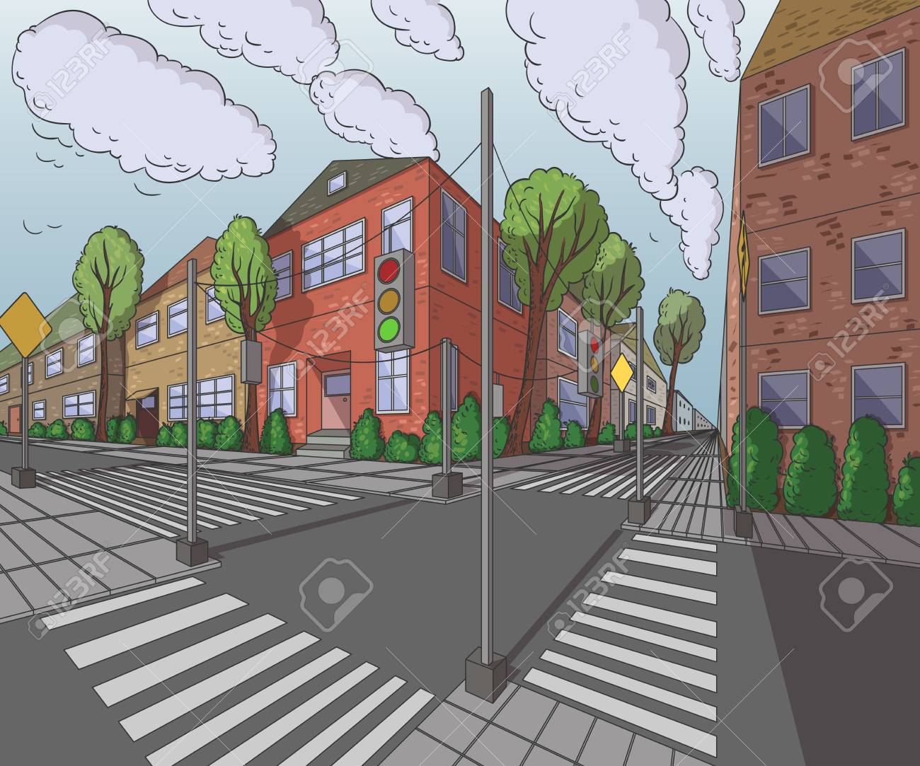 街の建物 信号機 横断歩道 交通標識 のイラスト素材 ベクタ Image