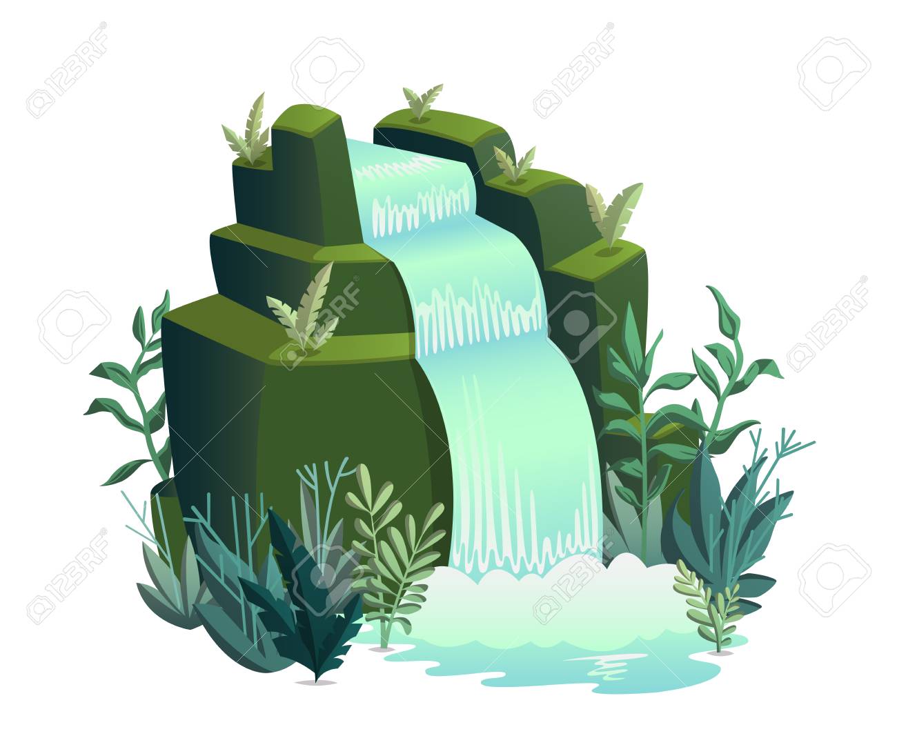 Waterfall Cartoon Landscapes With Mountains Trees And Bushes Royalty Free Cliparts Vectors And Stock Illustration Image 99577243