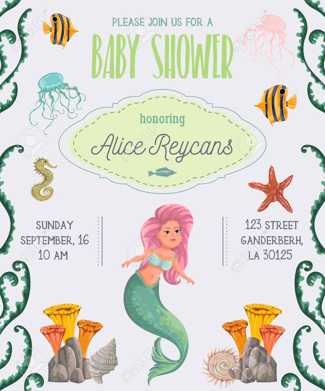 Baby Shower Invitation With Mermaid Marine Plants And Animals