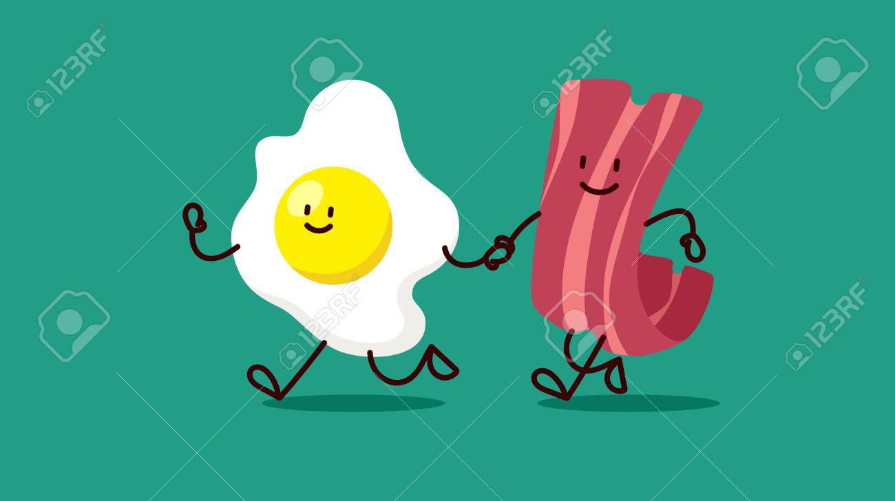 漫画卵とベーコンはどこかを実行しています ベーコンと卵の漫画の友人のカラフルな面白いフラット ベクトル分離白背景のイラストのイラスト素材 ベクタ Image
