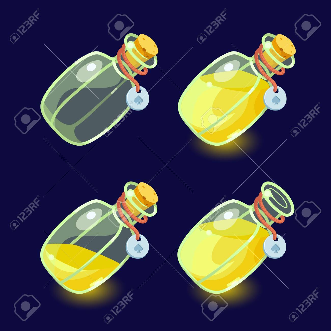 イラスト ポーションの漫画ボトルのセットです 暗い背景に分離されたカラフルな液体のガラス フラスコ アプリのユーザー インターフェイスのための魔法の Elixir Design のゲームのアイコン アニメーションの のイラスト素材 ベクタ Image