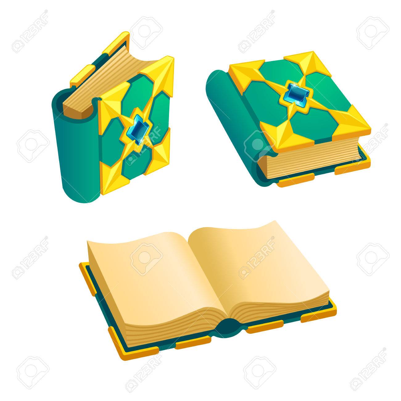 さまざまな角度から緑のマンガ本のセットです ゲーム デザインの要素に分離 のイラスト素材 ベクタ Image