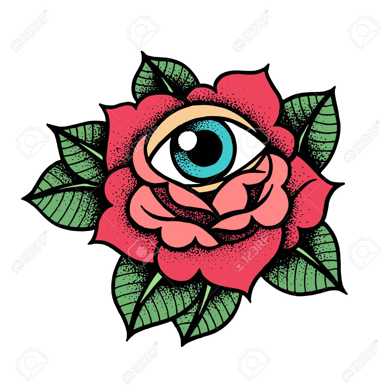 Old School Rose Tattoo With Eye. Traditional Black Dot Style Ink. Isolated  Vector Illustration. Traditional Tattoo Flowers Клипарты, SVG, векторы, и  Набор Иллюстраций Без Оплаты Отчислений. Image 98542055