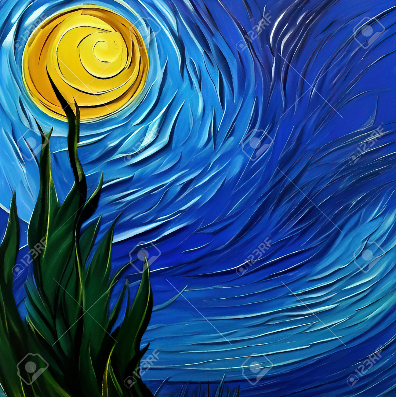 ゴッホの絵画スタイルのスタイルで描かれたデジタルアート。油とアクリルのブラシストロークテクスチャの模倣を含むグラフィックアートワーク。トレンディな作品のクリエイティブなデザイン背景。プリントの写真素材・画像素材  Image 195168635