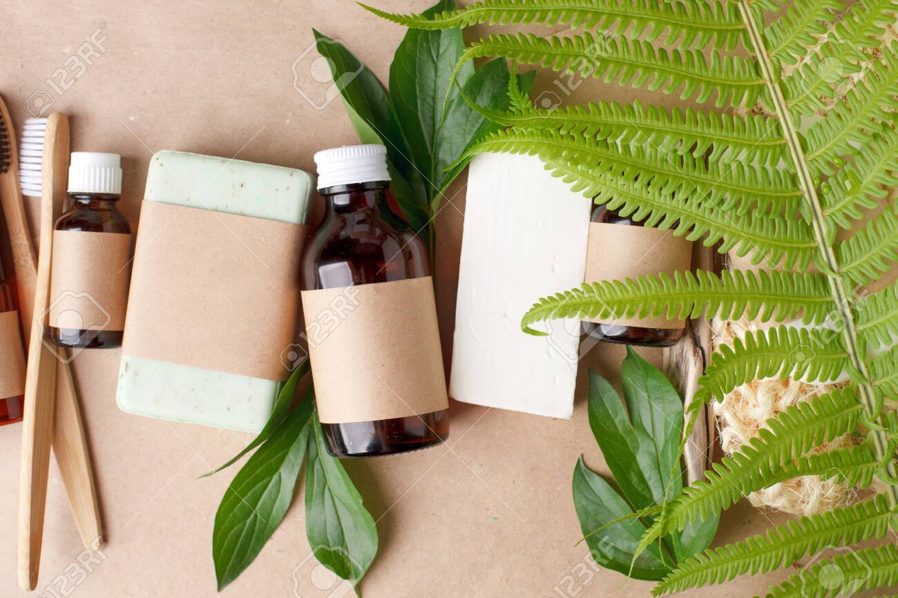 Download Natural Organic Cosmetic Skincare Packaging Mock Up With Leaves Stock Photo Picture And Royalty Free Image Image 152868874 PSD Mockup Templates
