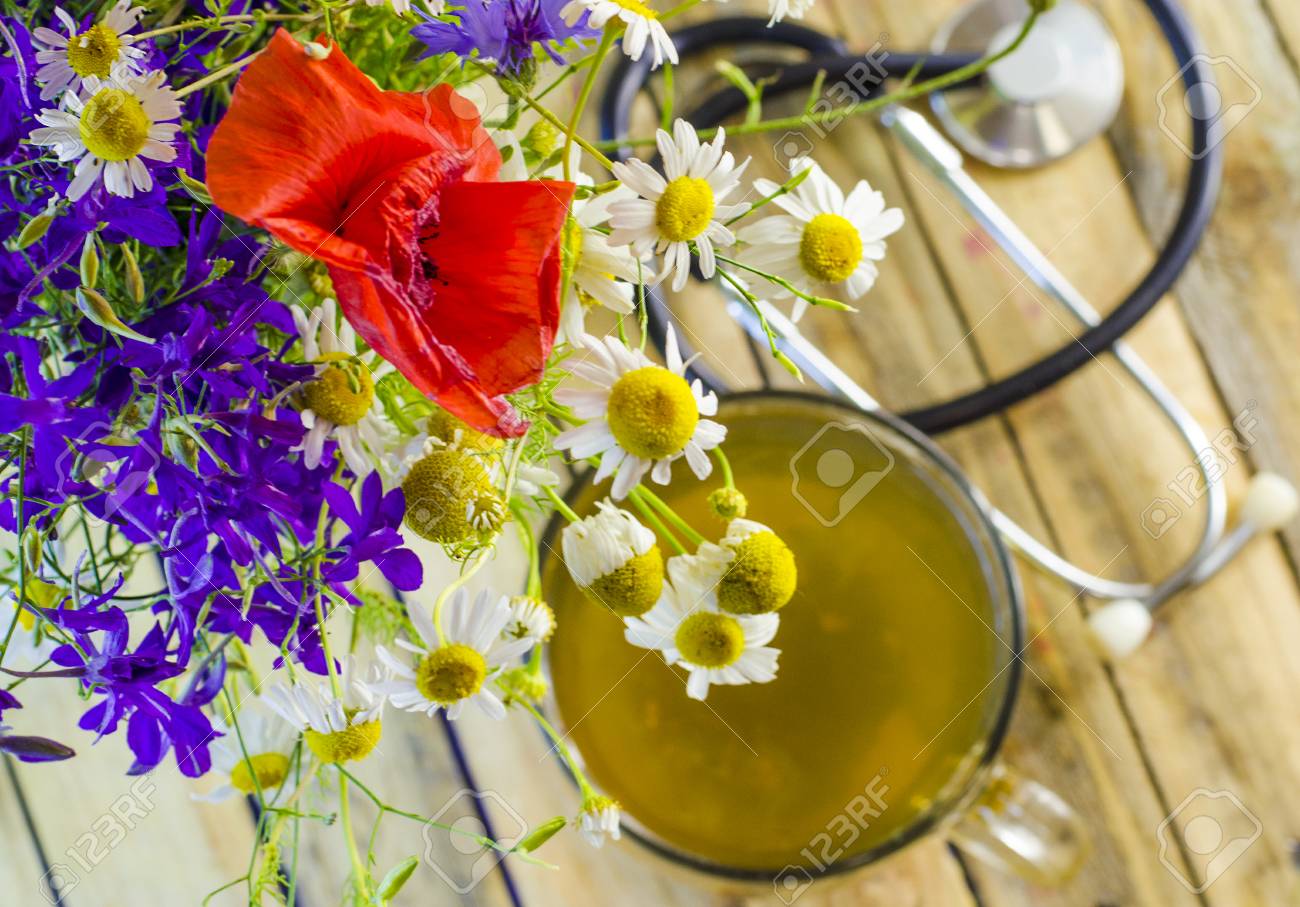 useful and medicinal herbal tea and flowers in a cup stock photo