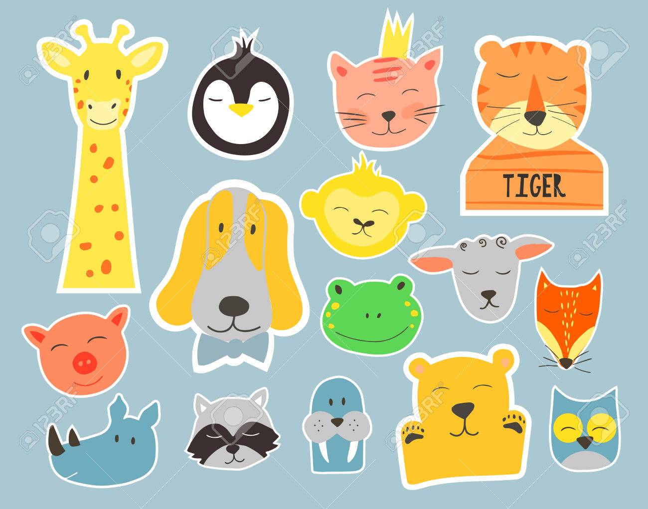 ベクトル動物顔のかわいいイラスト 子供のためのベクター クリップ アート バッジとステッカー のイラスト素材 ベクタ Image