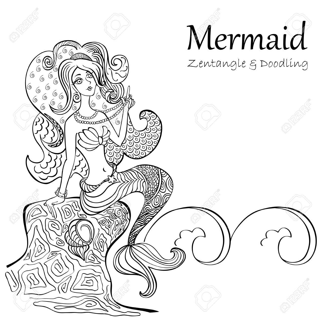 Meerjungfrau Schwarz Weiss Muster Auf Weissem Hintergrund Hand Gezeichnet Fur Erwachsene Anti Stress Farbung Seite Mit Hohen Details Abbildung Im Zentangle Art Vector Skizze Monochrom Lizenzfrei Nutzbare Vektorgrafiken Clip Arts Illustrationen