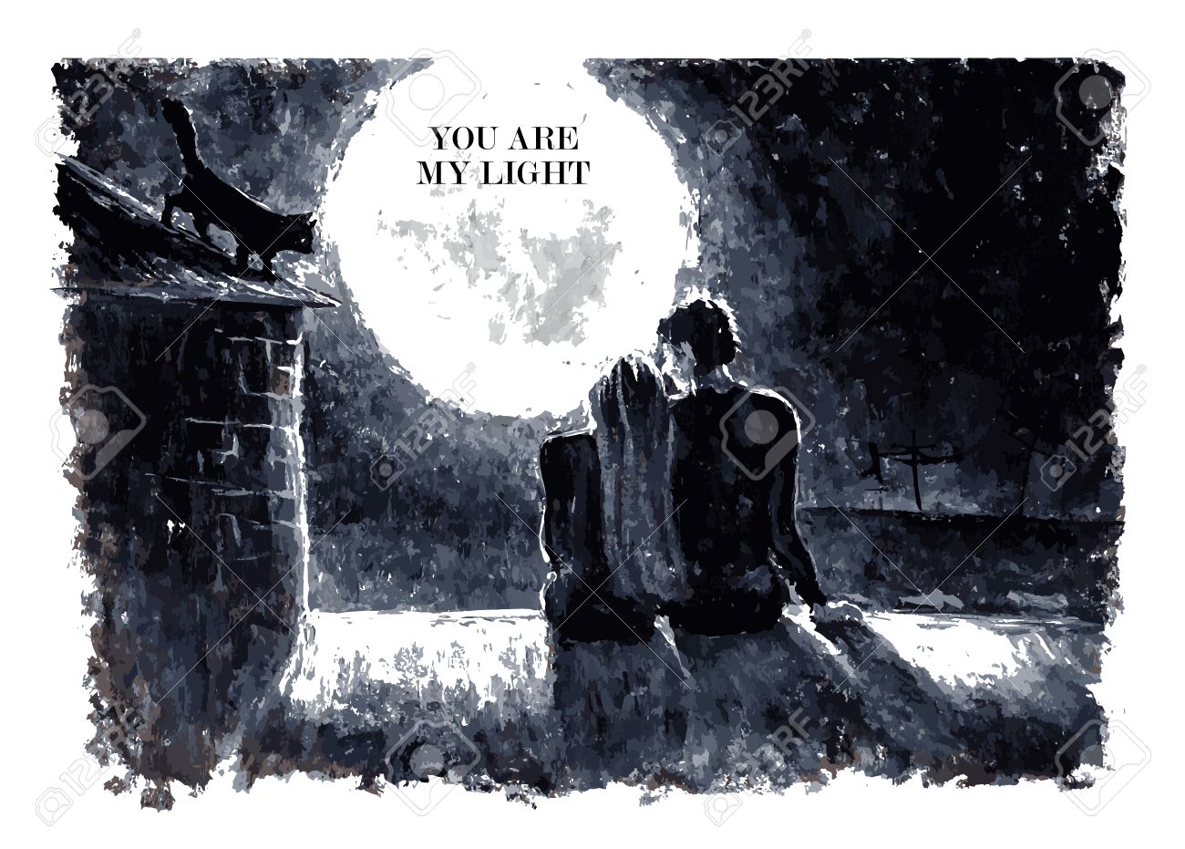 Black And White Watercolor Vector Illustration Of Loving Couple Sitting On The Roof And Looking On