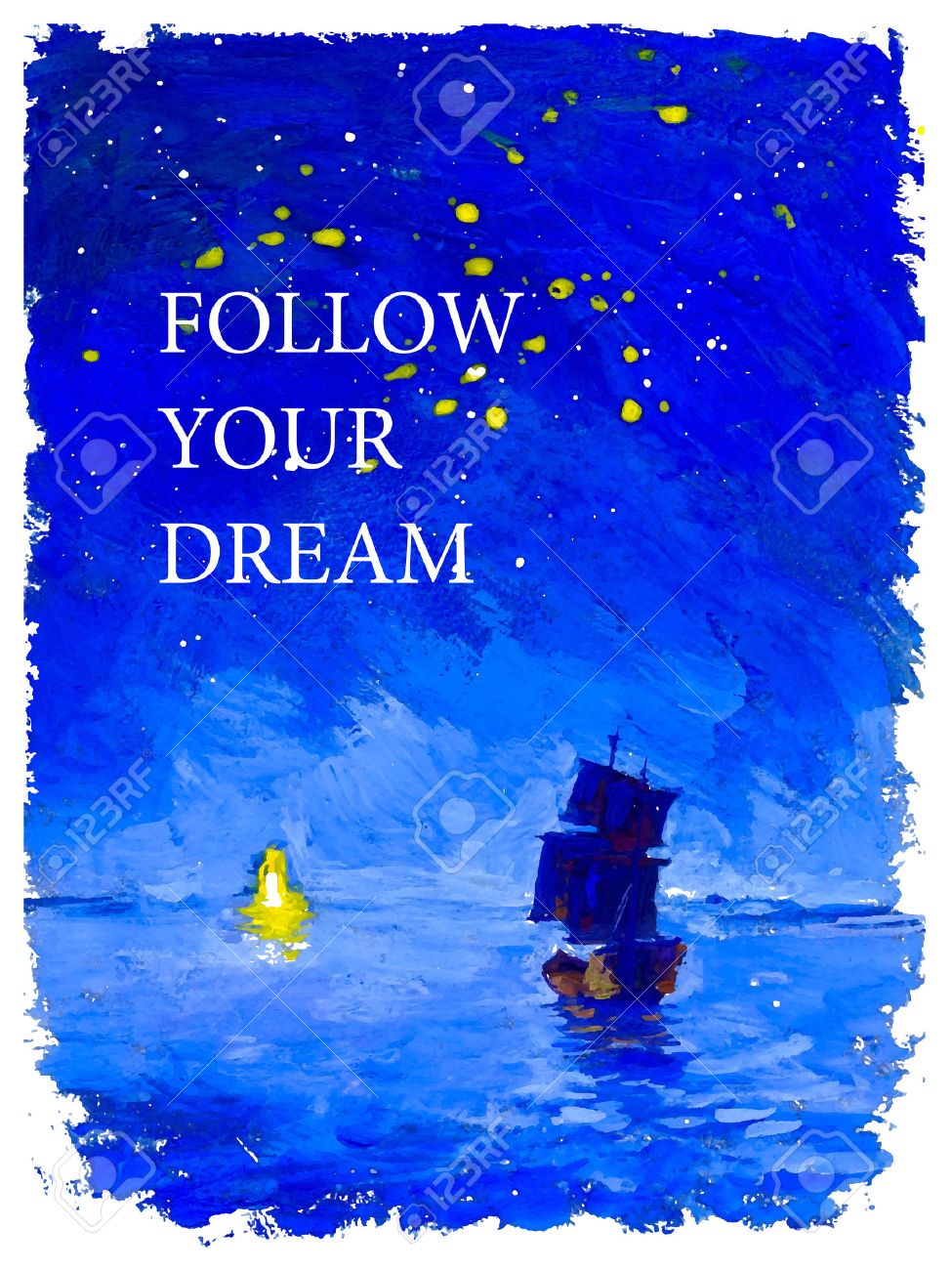 Vector postcard design with watercolor illustration of ship sailing across the sea towards lighthouse under the night sky with text place. Good for memory card ir book illustration. - 49144450 Vector postcard design with watercolor illustration of ship sailing across the sea towards lighthouse under the night sky with text place. Good for memory card ir book illustration. - 49144450