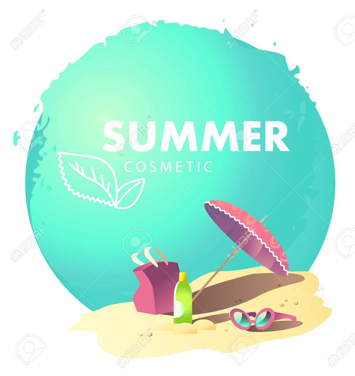 ベクトル フラット シンプルな化粧品の分離します リーフのアイコン 健康管理 夏ケア化粧品ブランド マーク 記章 夏の休日の図 海は アクセサリー バナー ポスター リーフレット フレア カードを置きます のイラスト素材 ベクタ Image