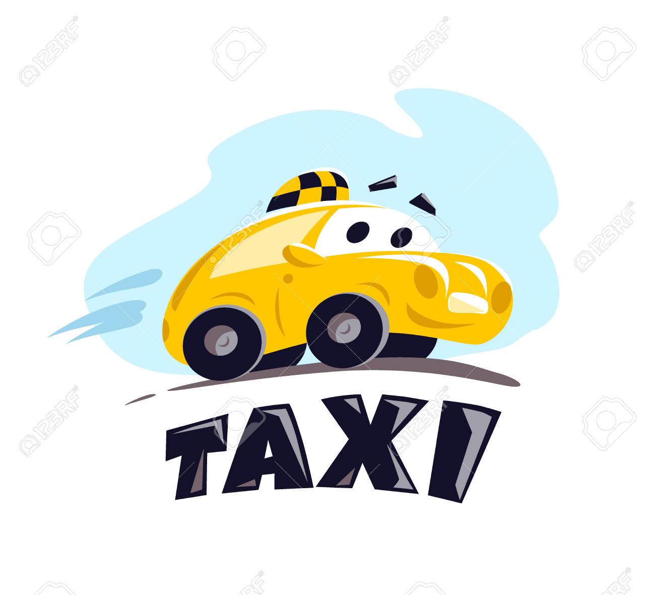 ベクトル フラット タクシー車イラスト白背景に分離されました 漫画のスタイル 面白いかわいい運転 タクシー サービスのロゴ デザイン テンプレートです のイラスト素材 ベクタ Image