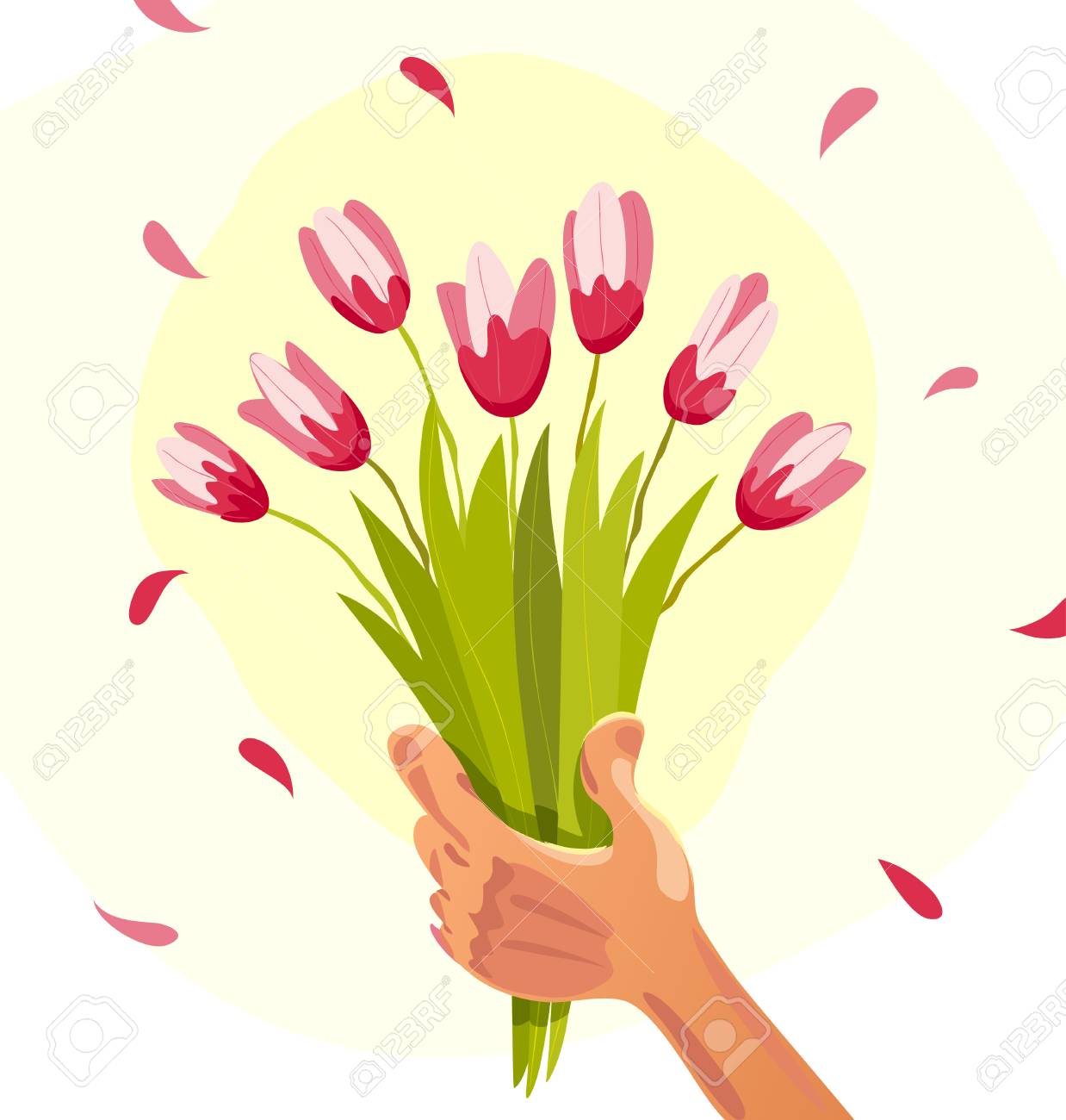 Plate Illustration Vectorielle De Main De Lhomme Tenant Le Bouquet De Fleurs De Printemps Isolé Sur Fond Blanc Bouquet De Tulipes Roses Style De