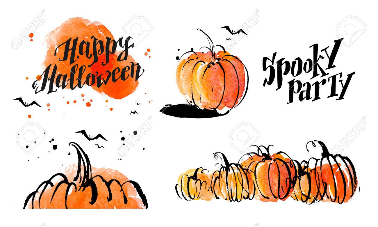 Halloween Watercolor Hand Drawn Artistic Pumpkin And Horror Halloween Watercolor Hand Drawn Artistic Pumpkin And Horror