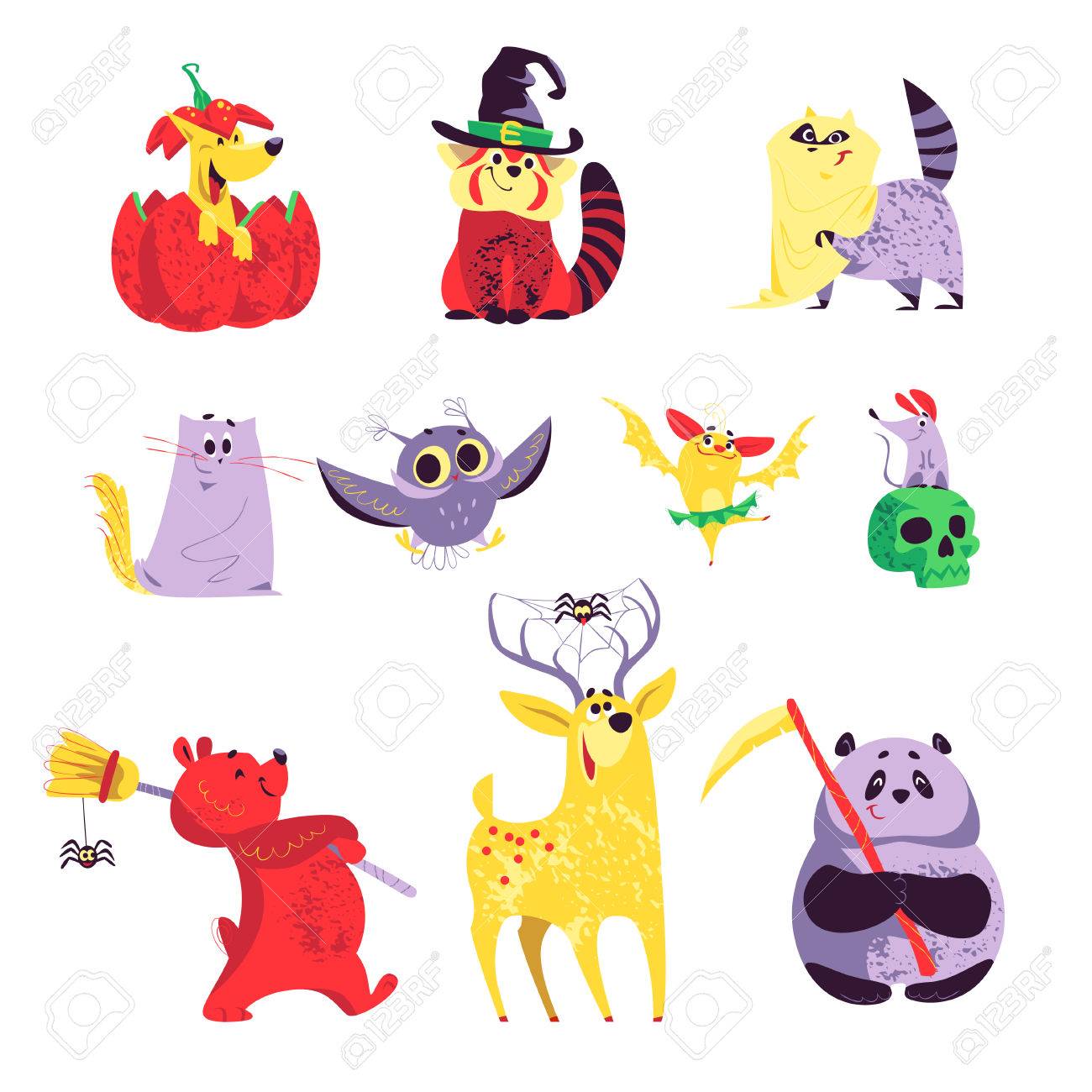 白い背景に分離された平面ベクトル ハロウィーン変な動物のコレクションです 衣装で変な不気味な文字 パーティの招待状 チラシ ポスター パッケージ デザインに適しています のイラスト素材 ベクタ Image