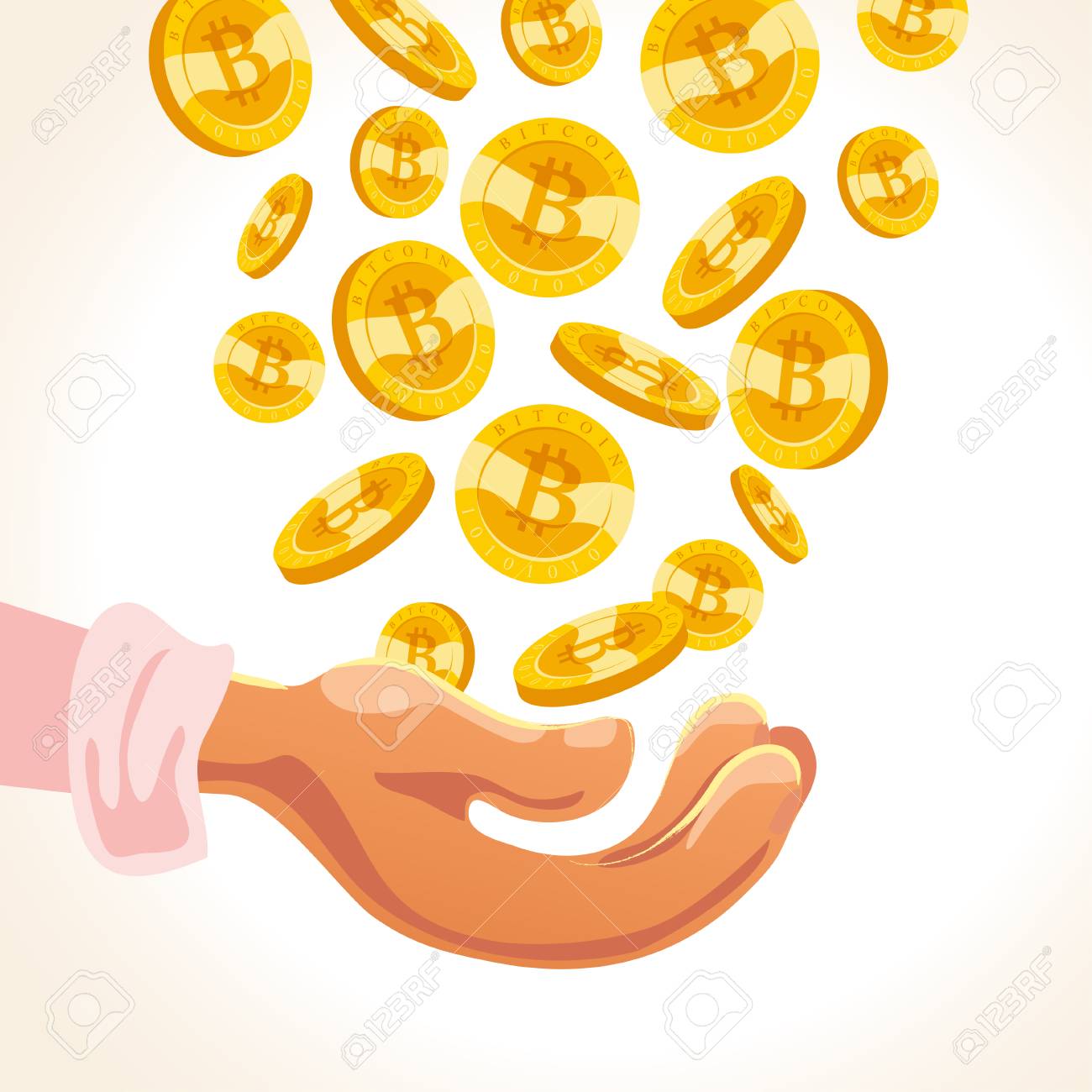 Vector Ilustração Plana Da Mão Humana Segurando Muitos Bitcoins Caindo  Caindo Isolado No Fundo Branco. Conjunto Bitcoin. Cryptocurrency De  Mineração. Moedas De Ouro Com Emblema Bitcoin. Ilustraciones svg,  vectoriales, clip art vectorizado