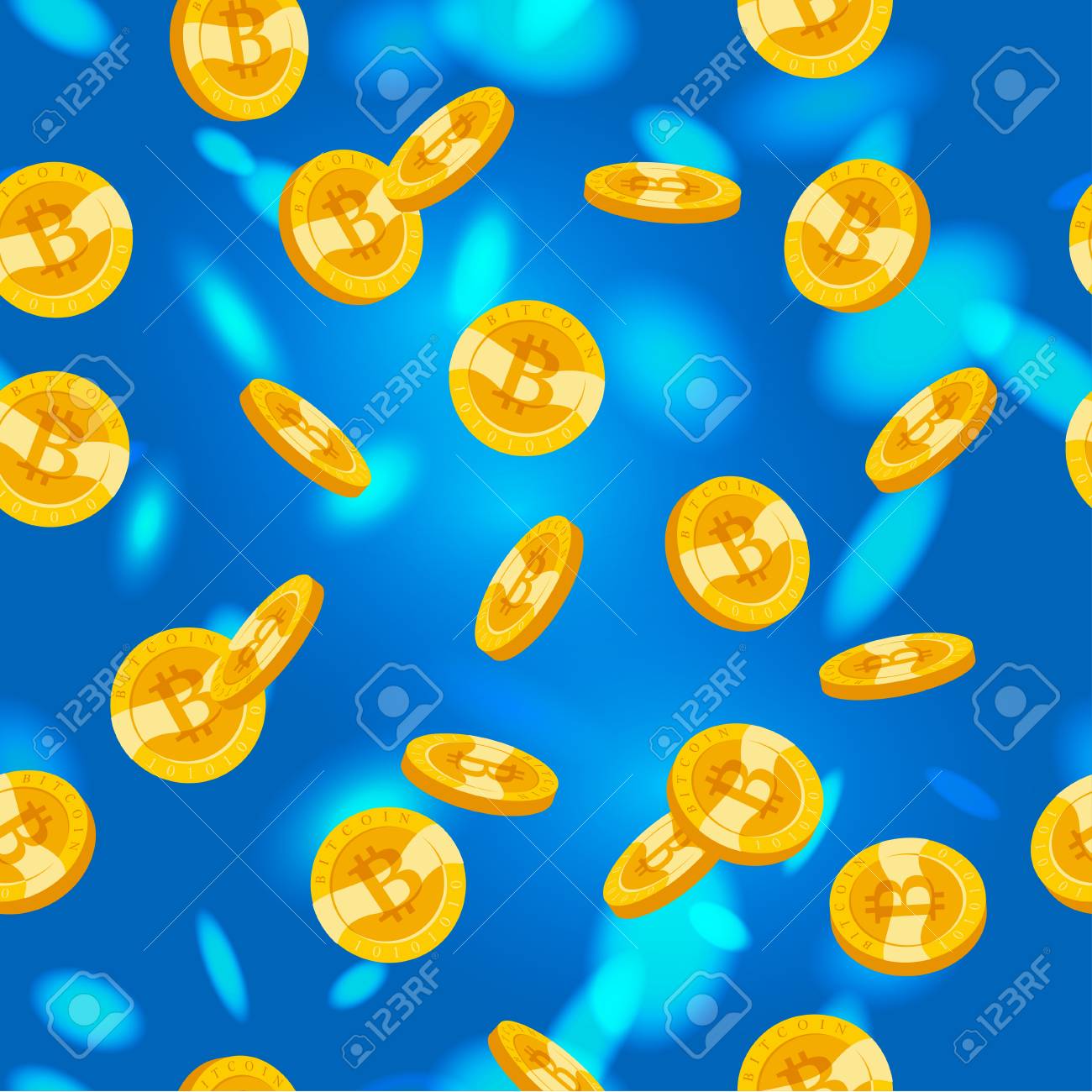 벡터 원활한 패턴과 파란색 배경에 아래로 떨어지고 황금 동전. Bitcoin 상징. Cryptocurrrency 기호. 비트 코인 기호  그림과 동전입니다. 로열티 무료 사진, 그림, 이미지 그리고 스톡포토그래피. Image 90135007