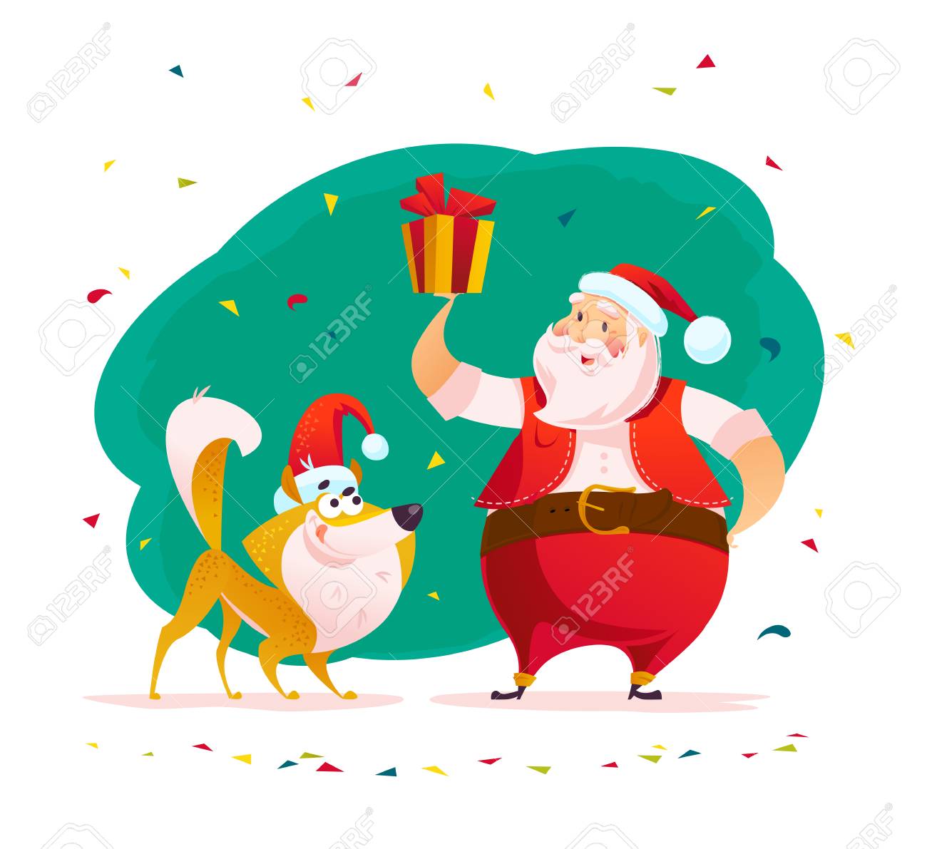Illustration De Plat Joyeux Noël Vector Avec Père Noël Heureux Holding Boîte Cadeau Et Chien En Bonnet De Noel Isolé Sur Fond Blanc Style De Dessin