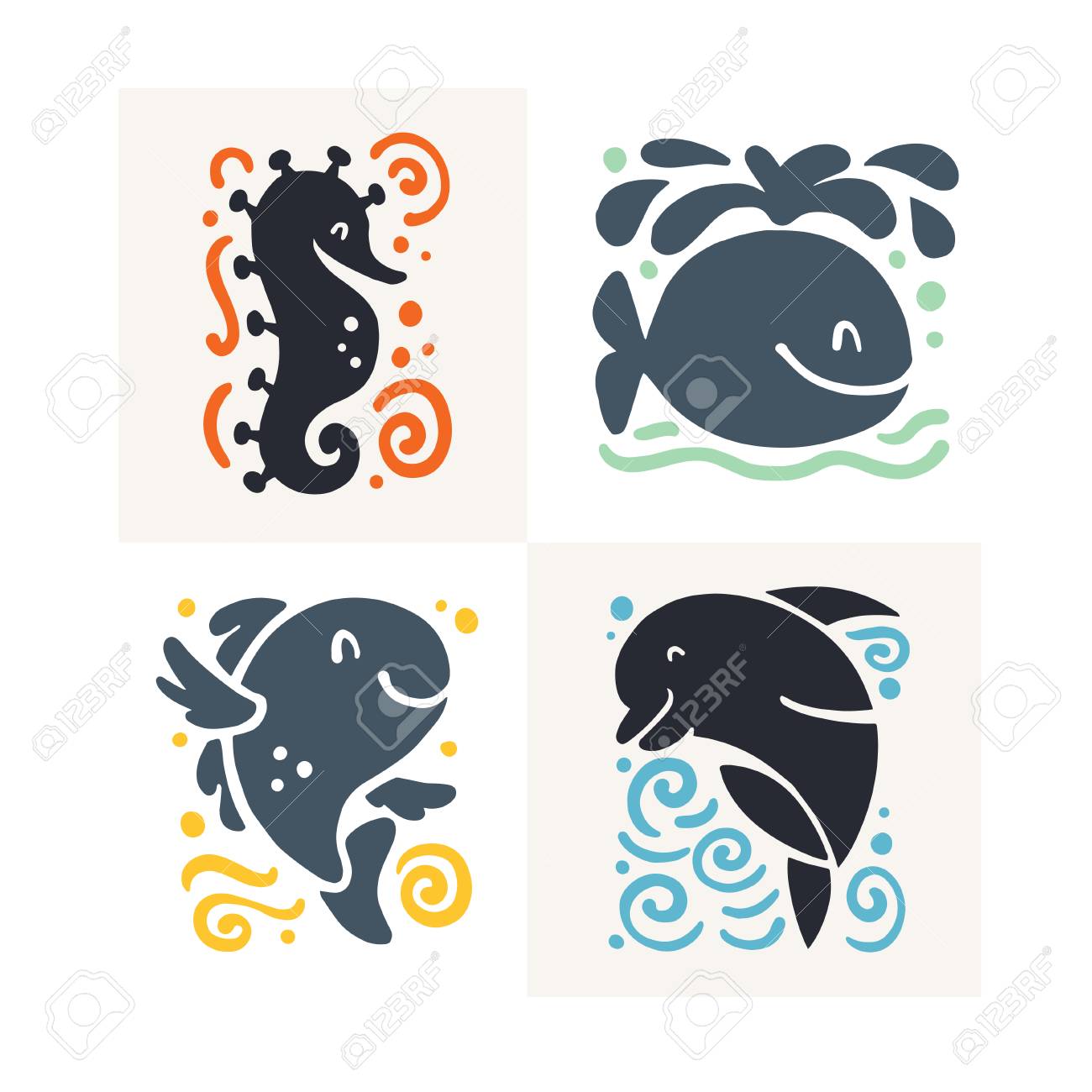 Vector Plana Engracado Bonito Mao Desenhada Silhueta Animal Marinho Isolada No Fundo Branco Cavalo Marinho Baleia Peixes E Golfinhos Perfeito Para Criancas Loja De Roupas Infantis E Estampas De Acessorios Ilustraciones Vectoriales
