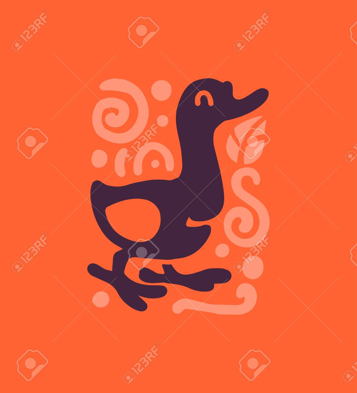 ベクトルフラットかわいい面白い手描きアヒルの鳥の笑顔シルエットは オレンジの背景に隔離されています 子供用品店のロゴサイン 子供服 やアクセサリープリント 動物園のロゴタイプなどに最適です のイラスト素材 ベクタ Image