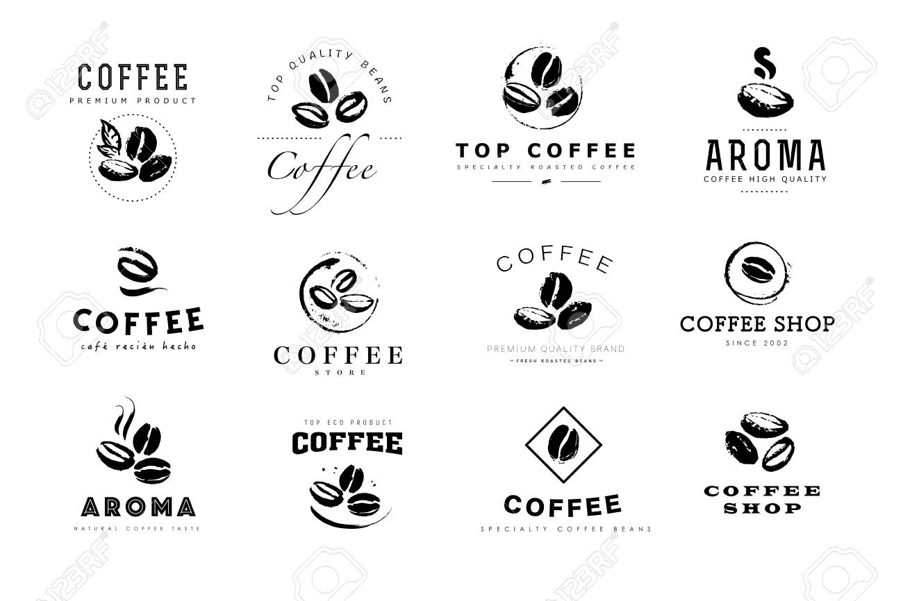 Vector collection of hand drawn coffee logo design elements isolated on textured background. Coffee shop craft emblem, company insignia template, banner, print, etc. - 98606206 Vector collection of hand drawn coffee logo design elements isolated on textured background. Coffee shop craft emblem, company insignia template, banner, print, etc. - 98606206
