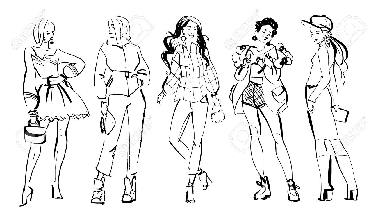 Vector fashion illustration of modern young girl models in spring autumn cloth collection isolated on white background. Hand drawn lady in sketch style. Perfect for banners, advertising, flayers etc. - 111537991 Vector fashion illustration of modern young girl models in spring autumn cloth collection isolated on white background. Hand drawn lady in sketch style. Perfect for banners, advertising, flayers etc. - 111537991