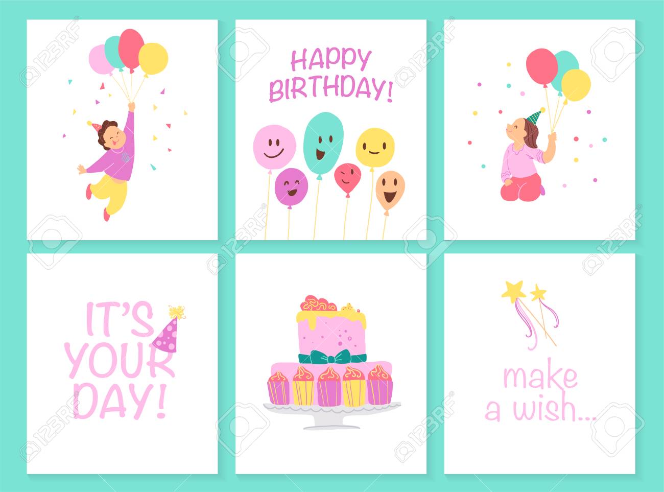vector collection of kids birthday party cards with bd cake kids birthday party invites