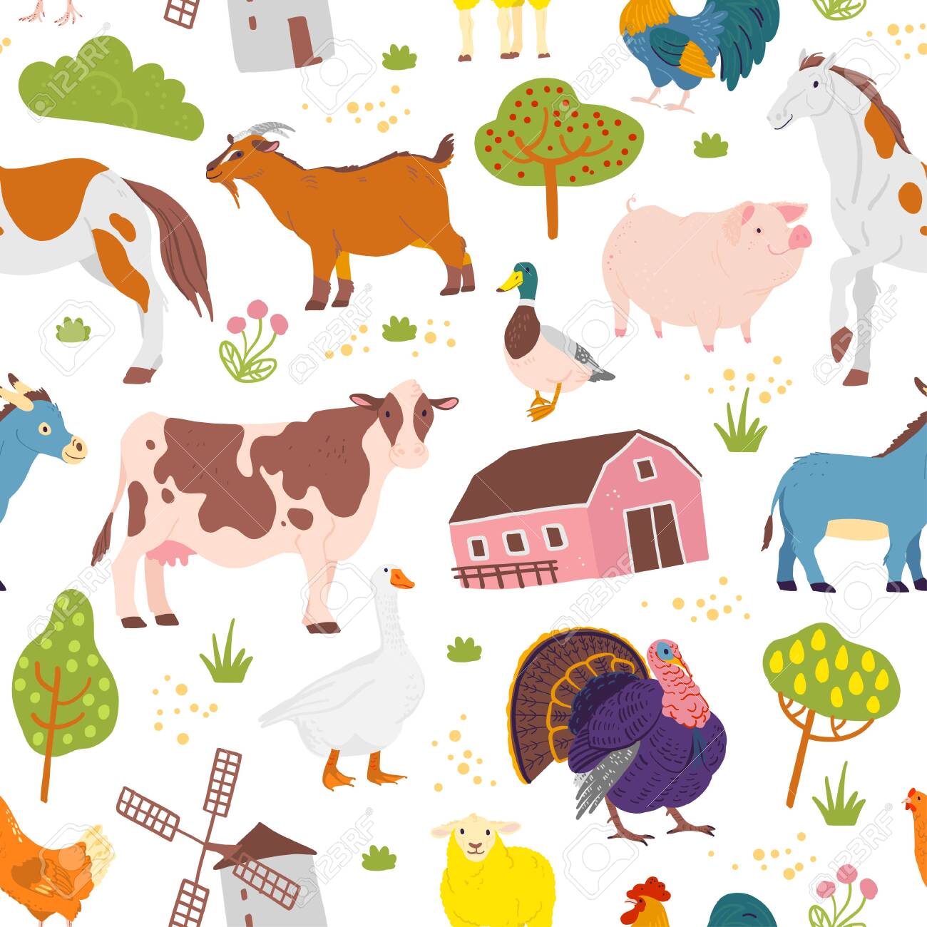 Vector flat seamless pattern with hand drawn farm domestic animals, trees, birds, house isolated on white background. Good for packaging paper, cards, wallpapers, gift tags, nursery decor etc. - 123965315 Vector flat seamless pattern with hand drawn farm domestic animals, trees, birds, house isolated on white background. Good for packaging paper, cards, wallpapers, gift tags, nursery decor etc. - 123965315