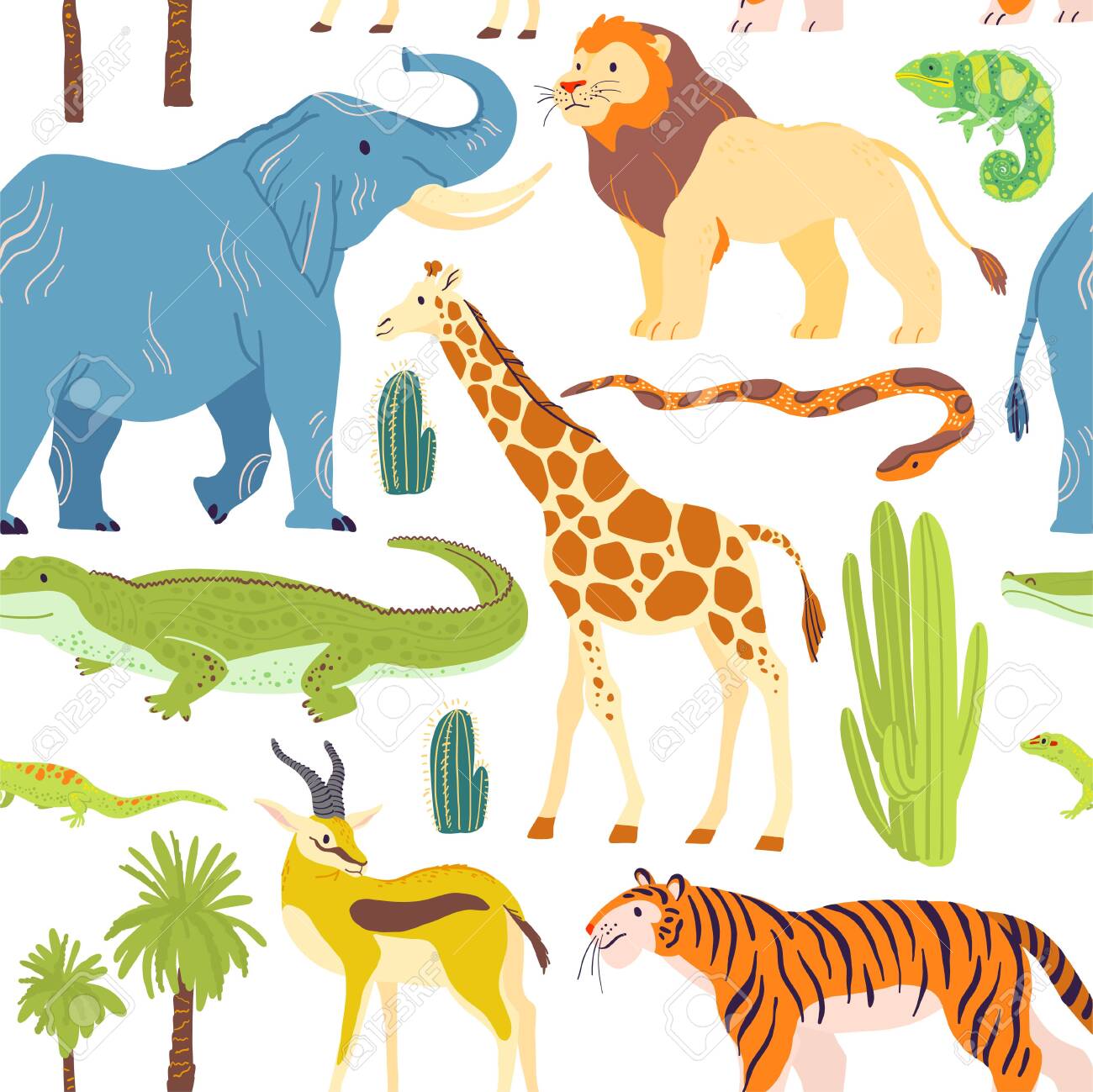 Vector flat seamless pattern with hand drawn desert animals, reptiles, palm trees, cactus isolated on white background. - 123851240 Vector flat seamless pattern with hand drawn desert animals, reptiles, palm trees, cactus isolated on white background. - 123851240