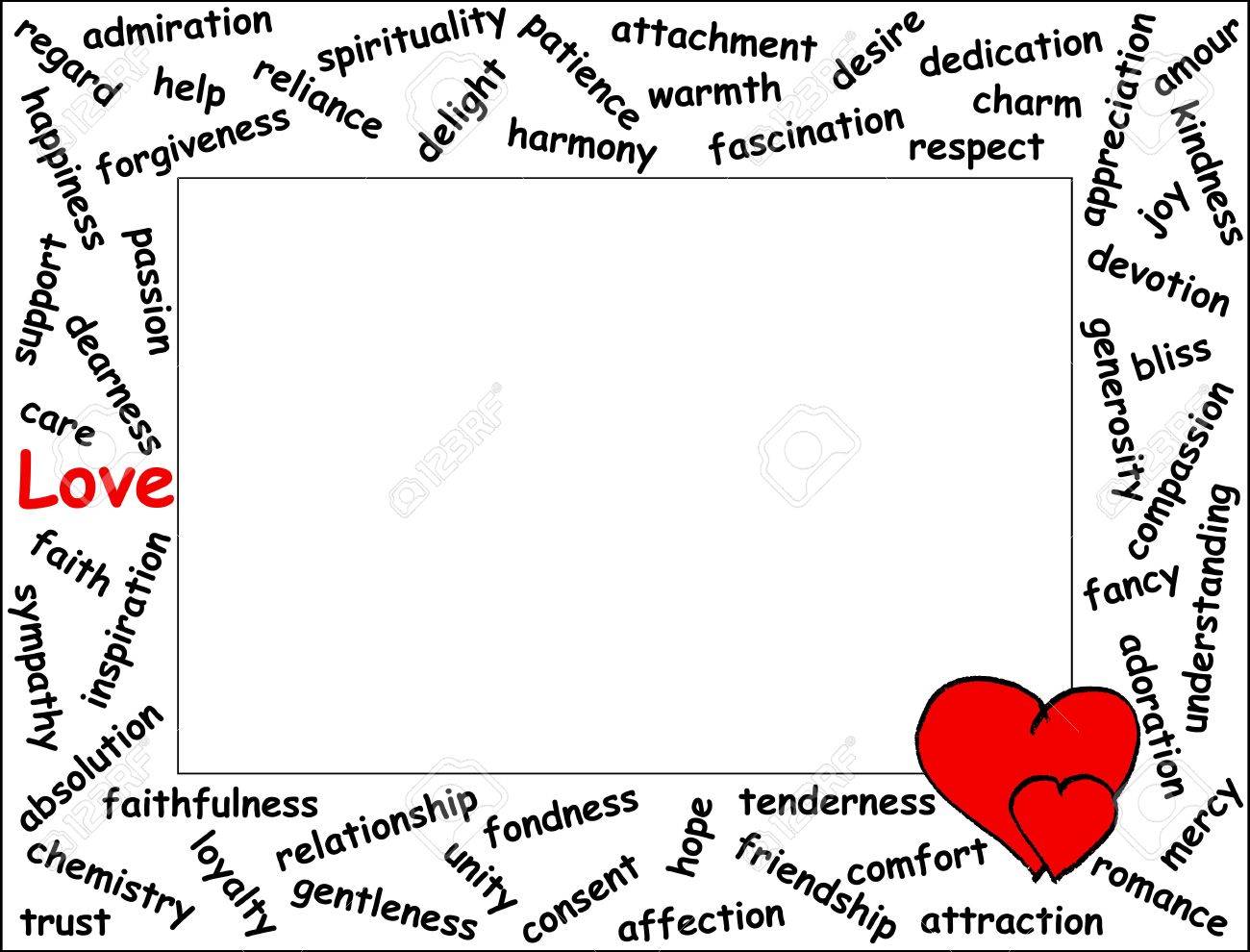 love word frame with 54 love related words two hearts horizontal