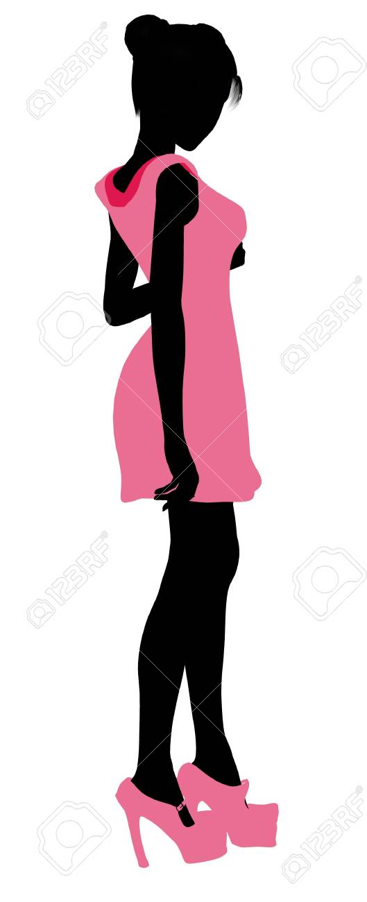 白地にピンクのドレスでおしゃれな服を着て女の子シルエット の写真素材 画像素材 Image