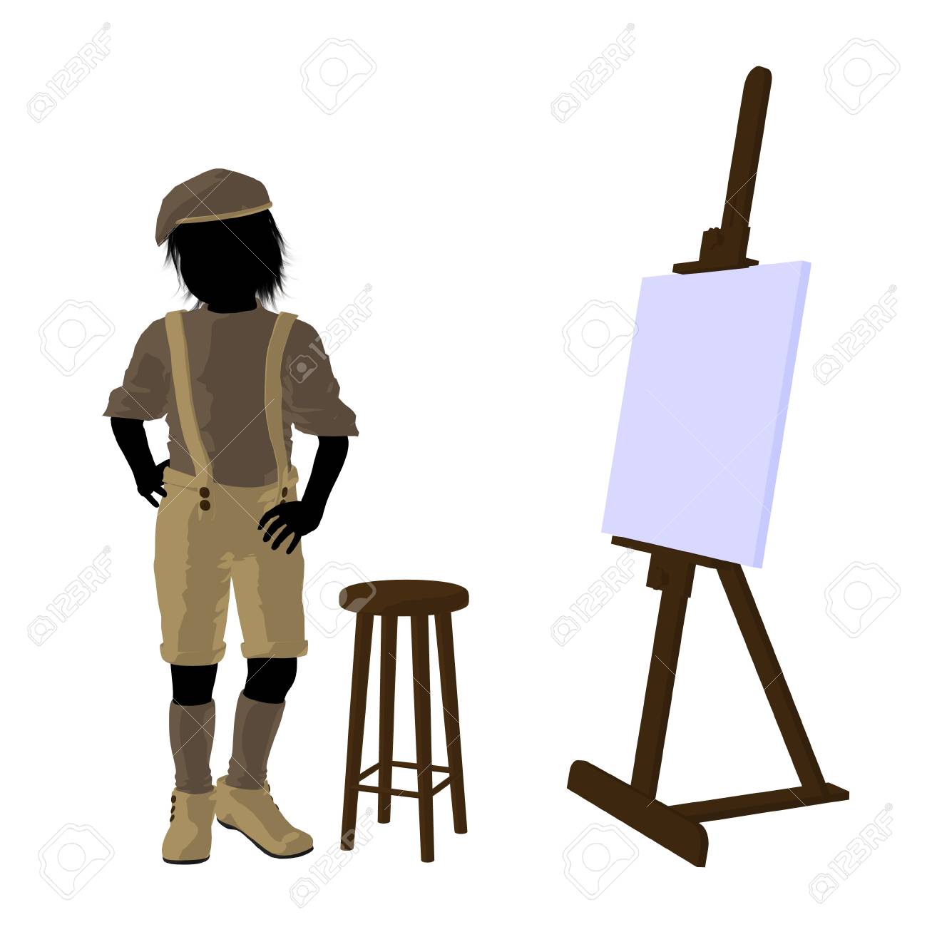 male tween artist with an easel and stool on a white background