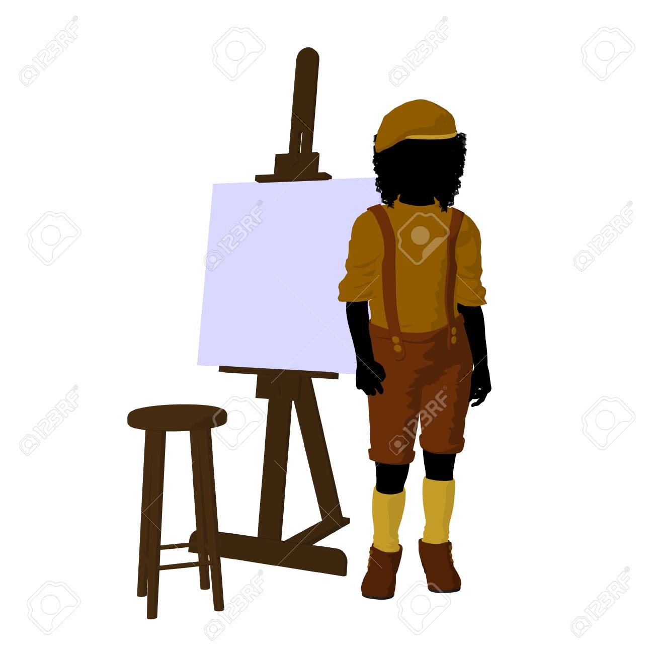 male tween african american artist with an easel and stool on