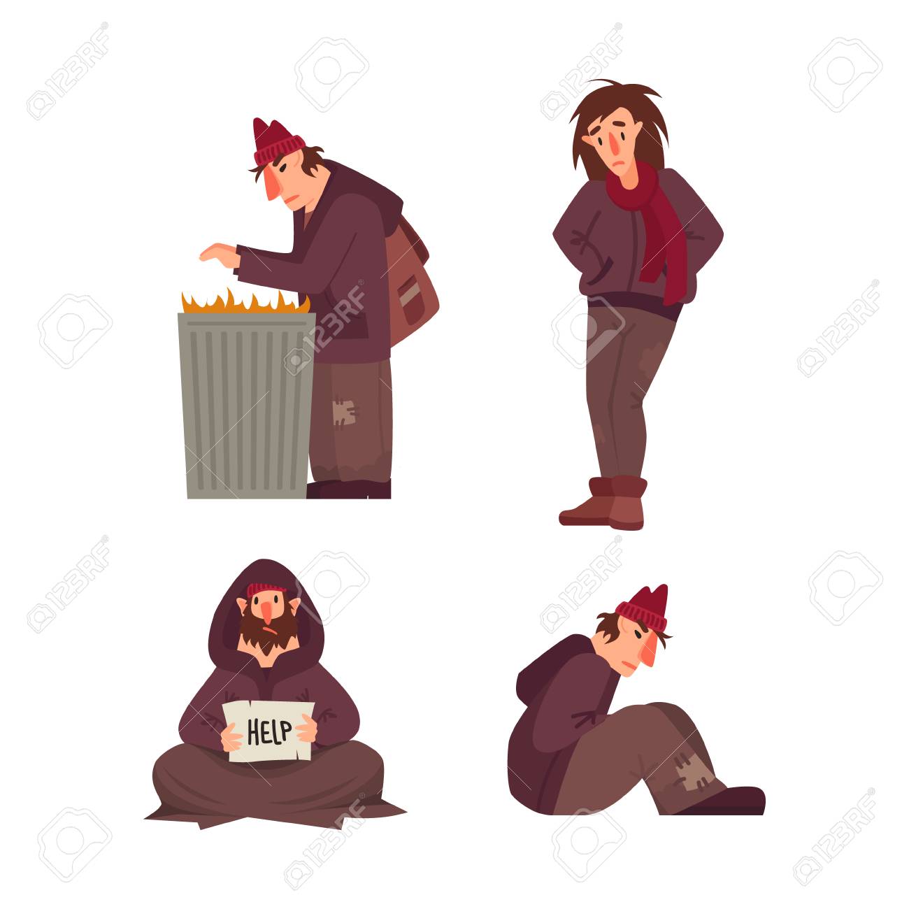 Homeless People Vector Characters Set. Flat Style Illustration Royalty Free  SVG, Cliparts, Vectors, and Stock Illustration. Image 117007796., image size:1300x1300