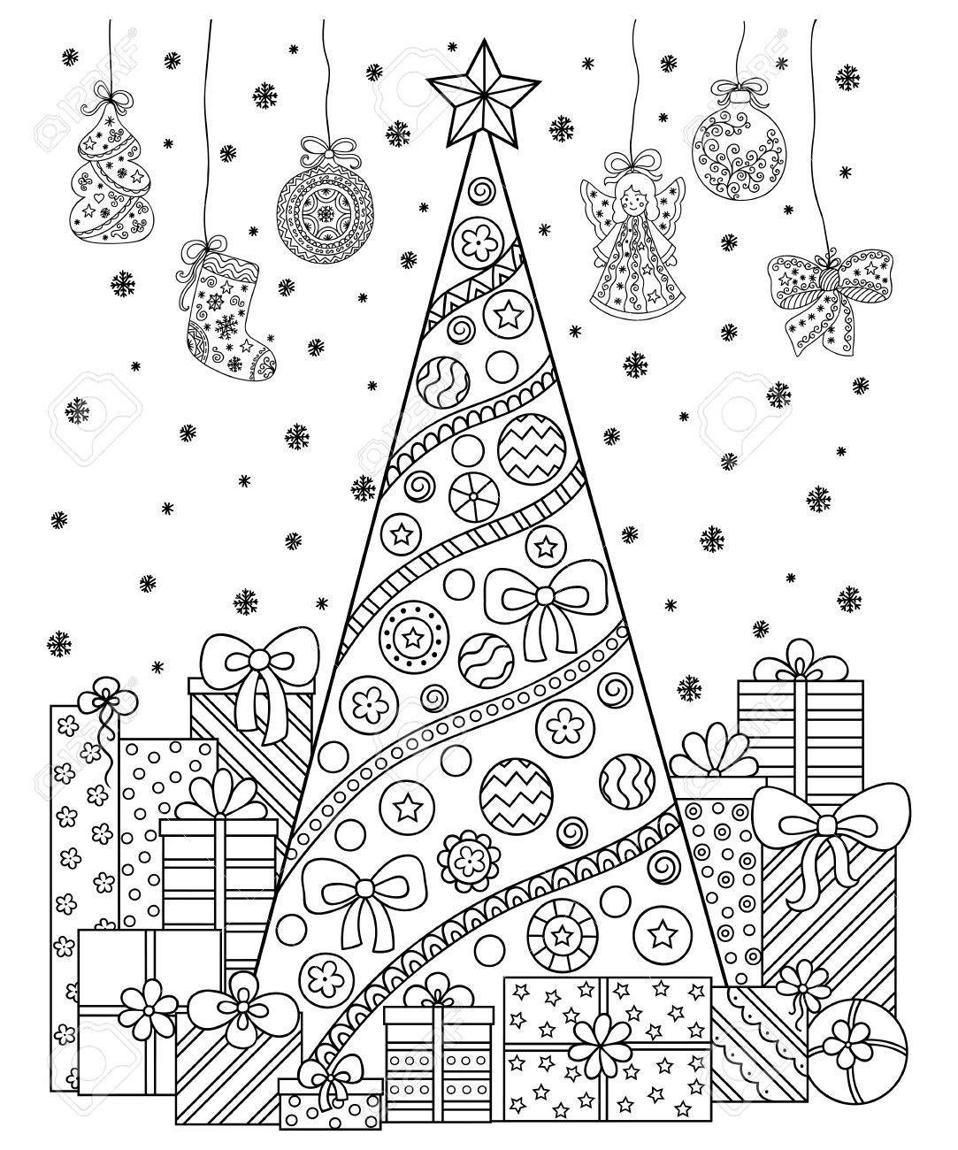 黒と白のパターンを落書き クリスマスの装飾 クリスマス ツリー プレゼント 雪やのぼり お祭りの雰囲気 子供と大人のための塗り絵 のイラスト素材 ベクタ Image