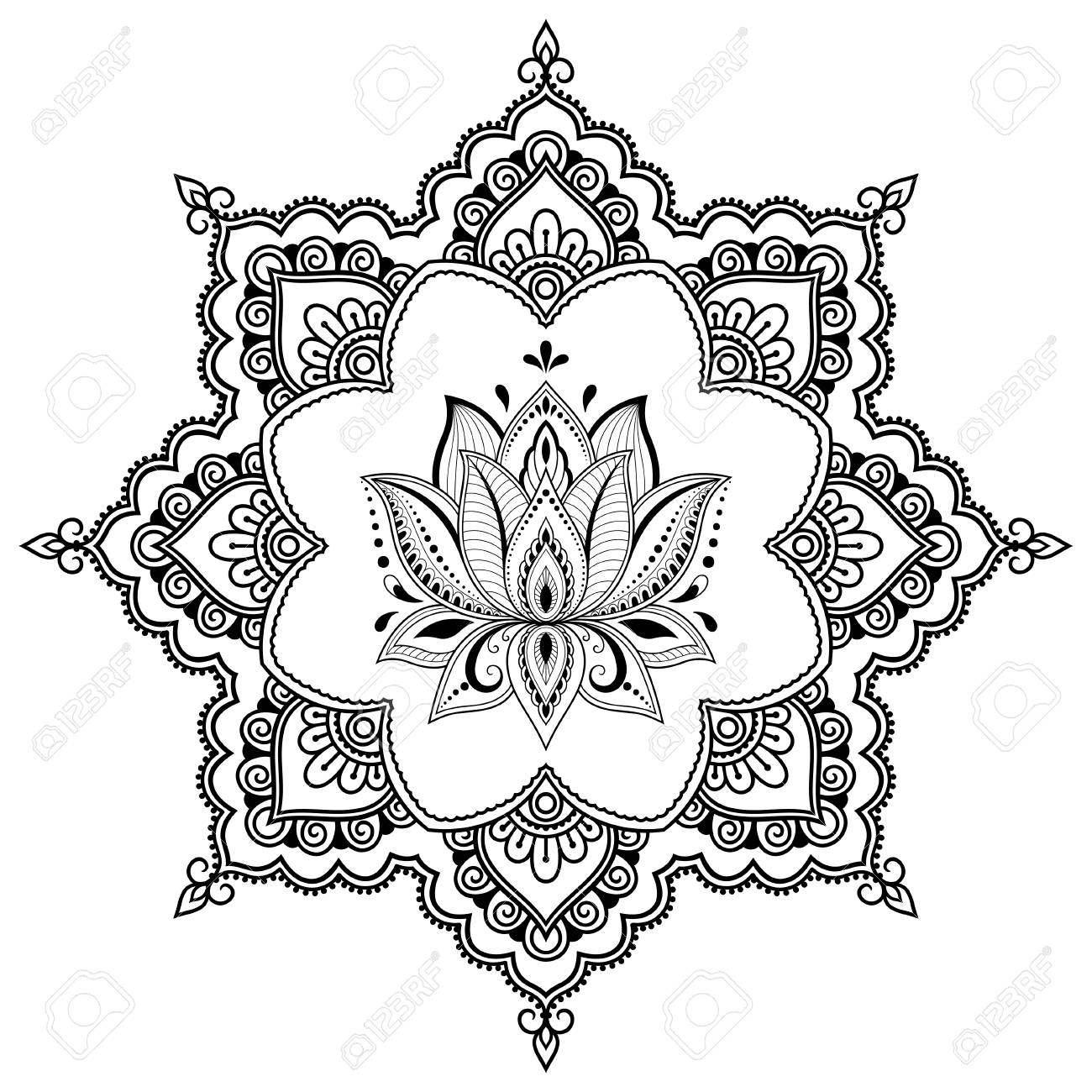 Circular pattern in form of mandala with Lotus flower for Henna, Mehndi, tattoo, decoration. Decorative ornament in ethnic oriental style. Coloring book page. - 112342375 Circular pattern in form of mandala with Lotus flower for Henna, Mehndi, tattoo, decoration. Decorative ornament in ethnic oriental style. Coloring book page. - 112342375