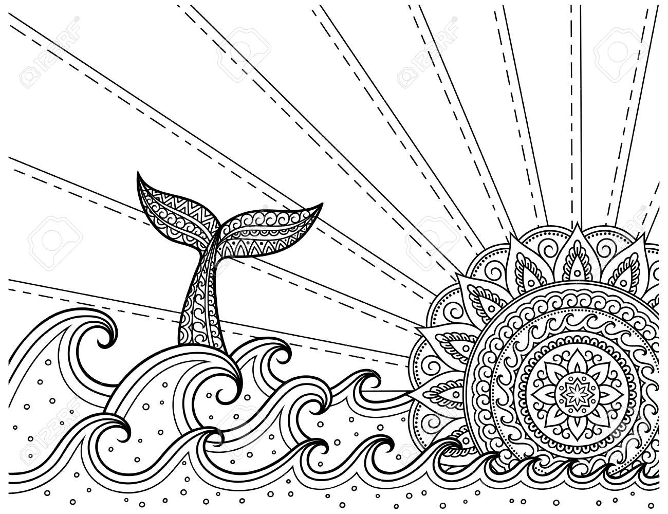 Whale Diving Into Sea Against The Sunset Coloring Book Page Antistress Ocean Landscape With Waves Mandala In Form Of Sun Fish Tail Royalty Free Cliparts Vectors And Stock Illustration Image 110198916
