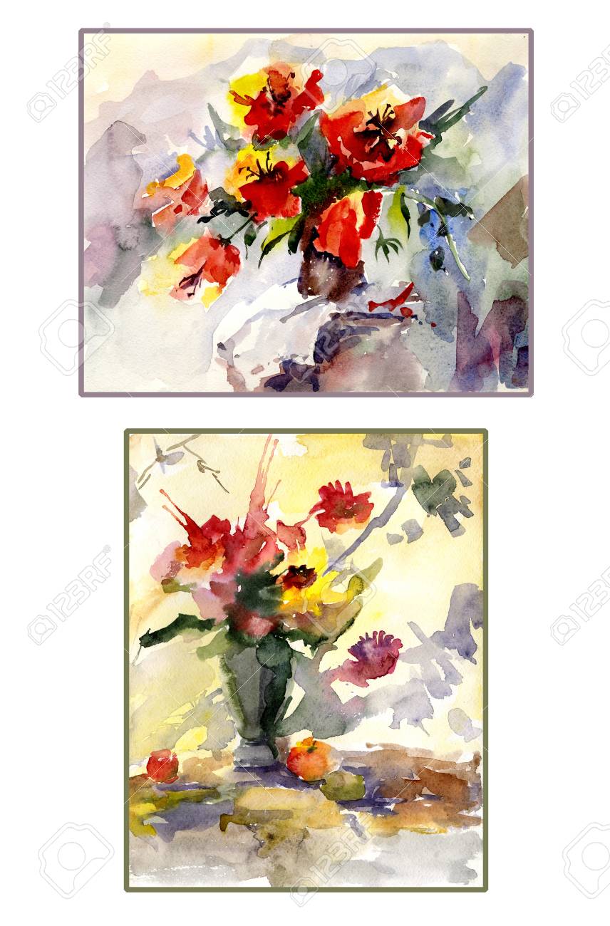Set Of Two Still Lives Colorful Flowers In Vase Watercolor