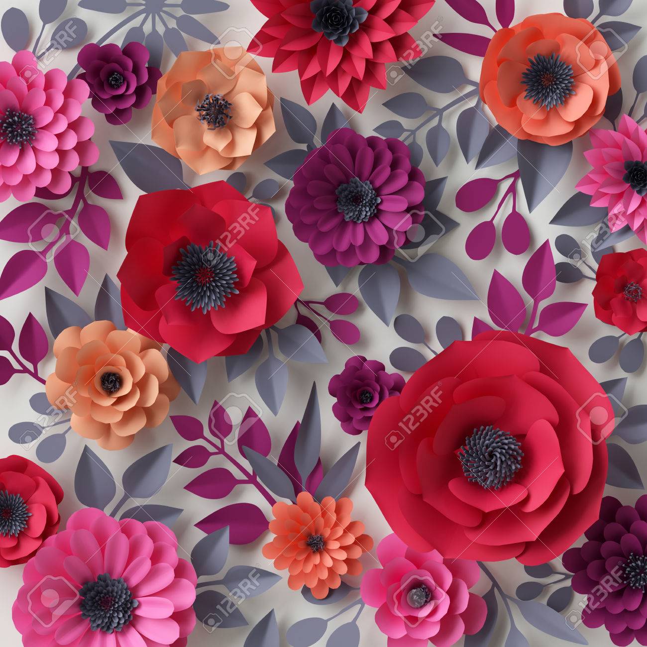3d render digital illustration red pink paper flowers bridal valentines day paper flower