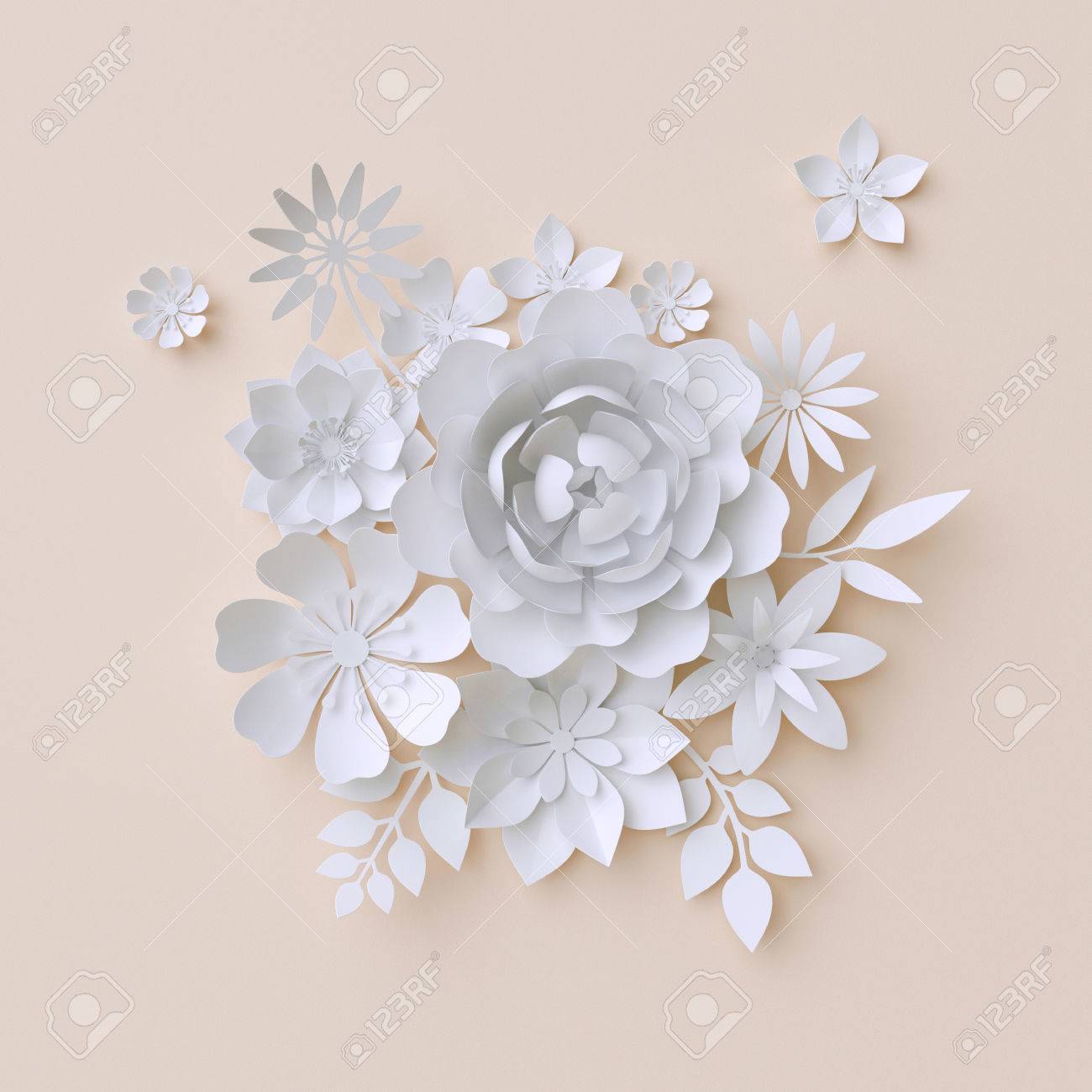 3d illustration white paper flowers decorative floral background wedding album page greeting