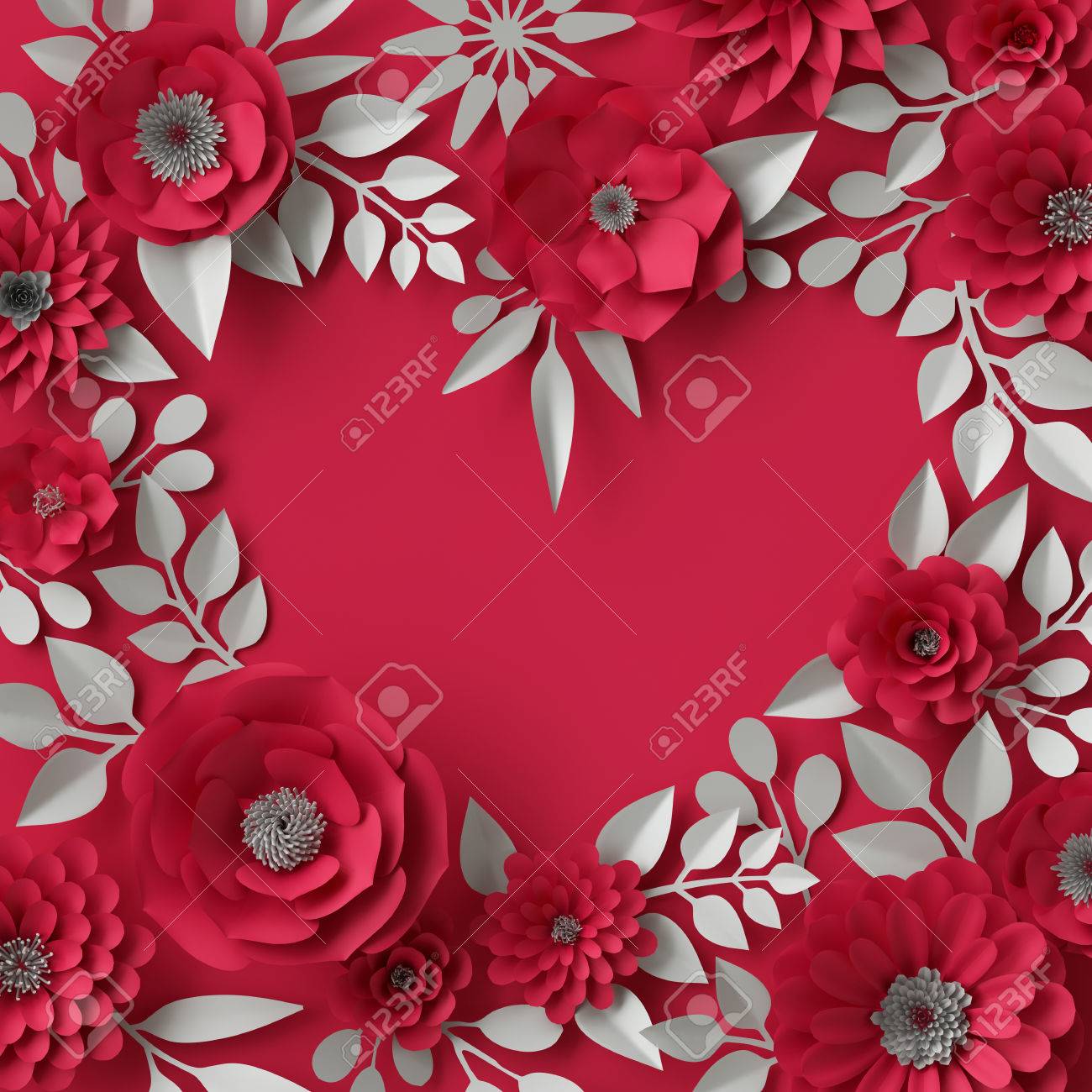 3d illustration decorative red paper flowers background floral paper flower picture frame