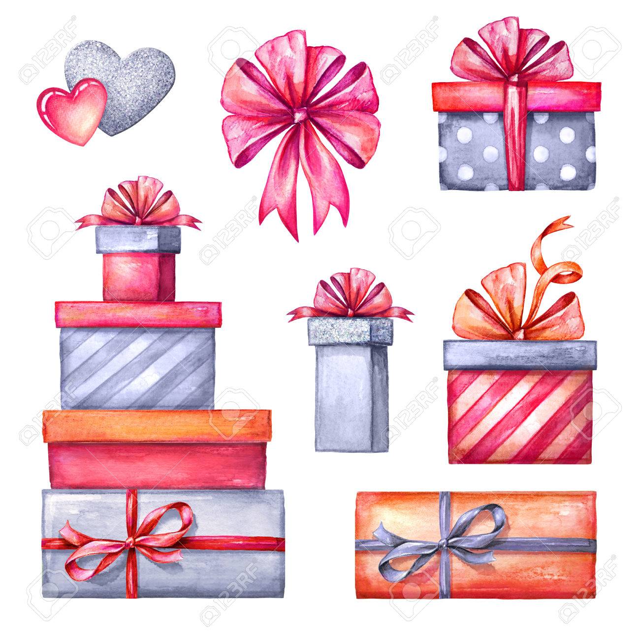Watercolor Illustration, Valentine's Day Clip Art Set, Gift Boxes, Party  Accessories, Festive Design Elements Isolated On White Background Stock  Photo, Picture And Royalty Free Image. Image 77079810.